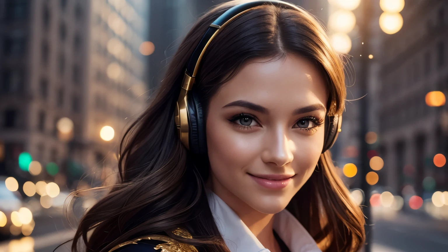 Girl, ((Film grain, bokeh, light particles ,Dust, Extreme camera angle)), (Best Quality,4k,hight resolution:1.2),Ultra-detailed,Realistic,Portrait,black & Gold Palette,Long flowing golden hairstyle, ((Red detailed eyes)), Vampire Liquids,radiant lighting,Detailed facial features,Dark background,Single man,in a black suit, Makeup artists do makeup for celebritieasterpiece:1.2), Best Quality, Masterpiece, hight resolution, Original, extremely detailed wallpaper, perfect lighting,(extremely detailed CGI:1.2), headphone, Madison Square New York, Traffic jam, headphone, smile, smile, smile, headphone, headphone