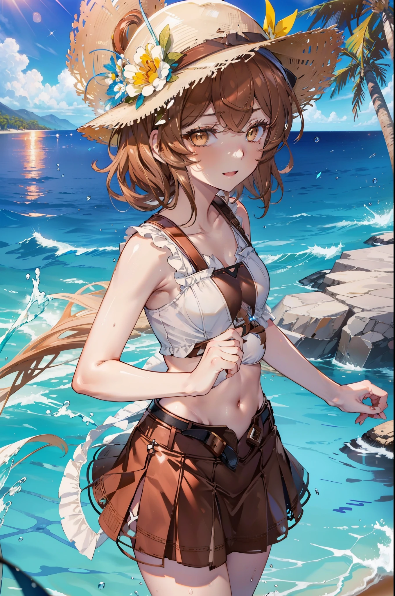 Lililukarde, Liliruka gets burned, (brown eyes:1.7), brown hair,short hair, (small breasts:1.2), short hair,happy smile, smile, open your mouth,big straw hat,white sleeveless dress,bare arms,put both arms behind one's back,long skirt,Cute Sandals,Light of the sun,Palm tree,Breaking the sandy beach looking at viewer,Breaking the upper body outdoors, beach
break (masterpiece:1.2), highest quality, High resolution, unity 8k wallpaper, (figure:0.8), (detailed and beautiful eyes:1.6), highly detailed face, perfect lighting, Very detailed CG, (perfect hands, perfect anatomy),