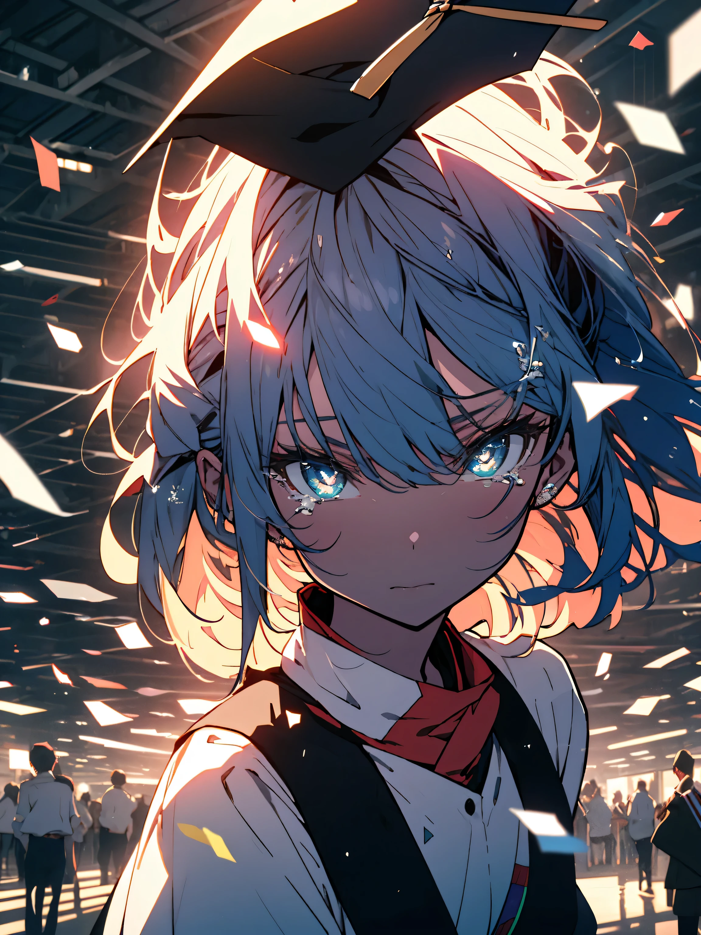 (masterpiece), (highest quality), (Super detailed)anime style, super detailed illustrations, very detailed, dynamic angle, beautiful, 8K, Graduation day, The students gathered in the gymnasium to sing. "Aogebatoshi. Some people sang with tears in their eyes.. BREAK In their expressions、I was filled with deep feelings of gratitude towards my respected teacher.. This moment will be etched in their memory forever.dynamic angle、(beautifulアニメ)