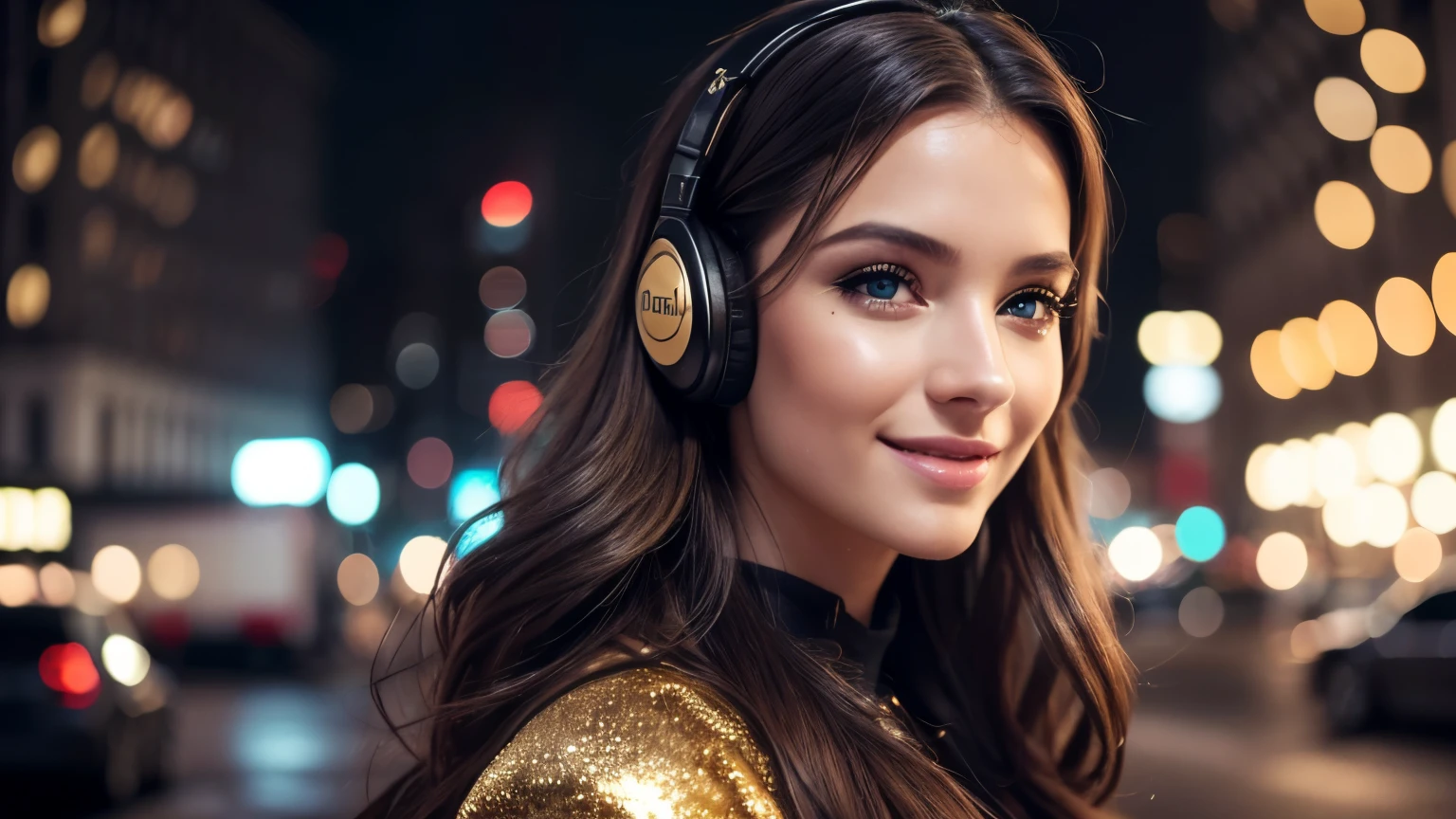 Girl, ((Film grain, bokeh, light particles ,Dust, Extreme camera angle)), (Best Quality,4k,hight resolution:1.2),Ultra-detailed,Realistic,Portrait,black & Gold Palette,Long flowing golden hairstyle, ((Red detailed eyes)), Vampire Liquids,radiant lighting,Detailed facial features,Dark background,Single man,in a black suit, Makeup artists do makeup for celebritieasterpiece:1.2), Best Quality, Masterpiece, hight resolution, Original, extremely detailed wallpaper, perfect  lighting,(extremely detailed CGI:1.2), headphone, Madison Square New York, Traffic jam, headphone, smile, smile, smile, headphone, headphone