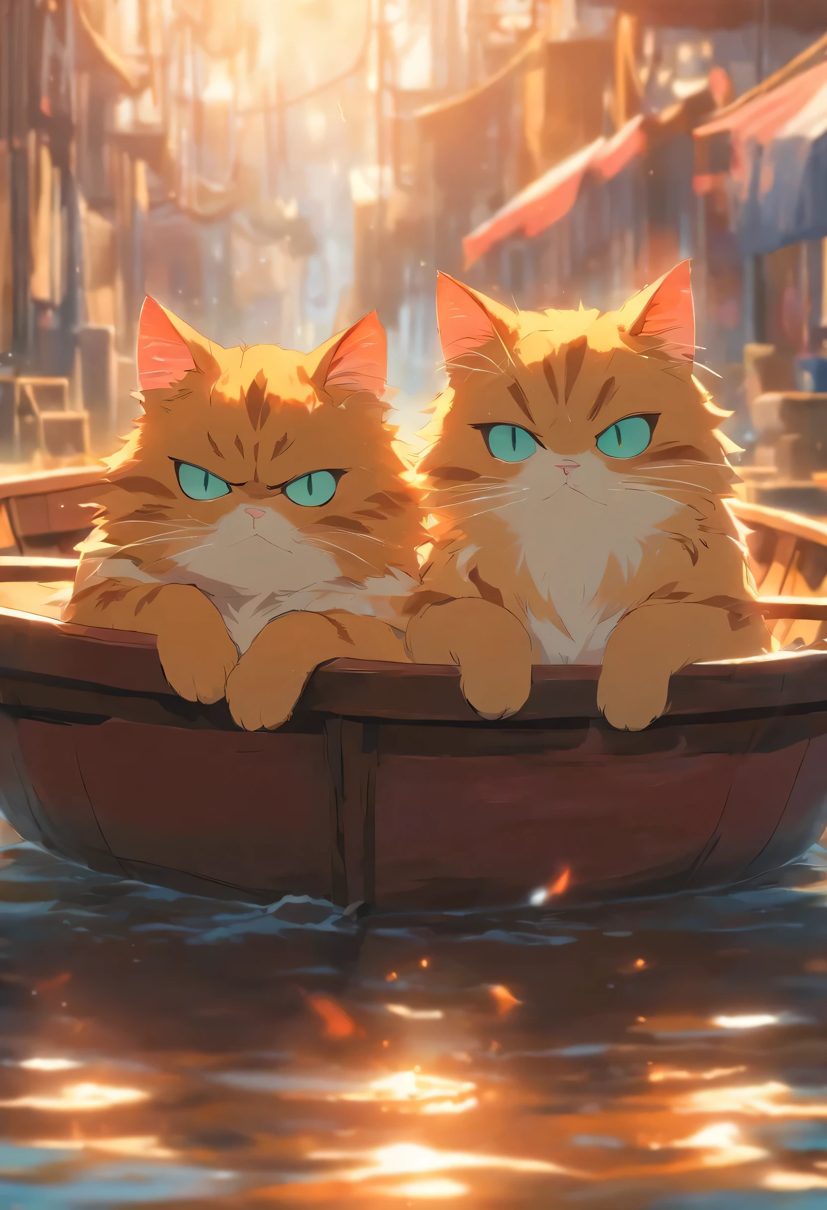 Two cats staring grumpy, they are a couple, the two cats are in a boat