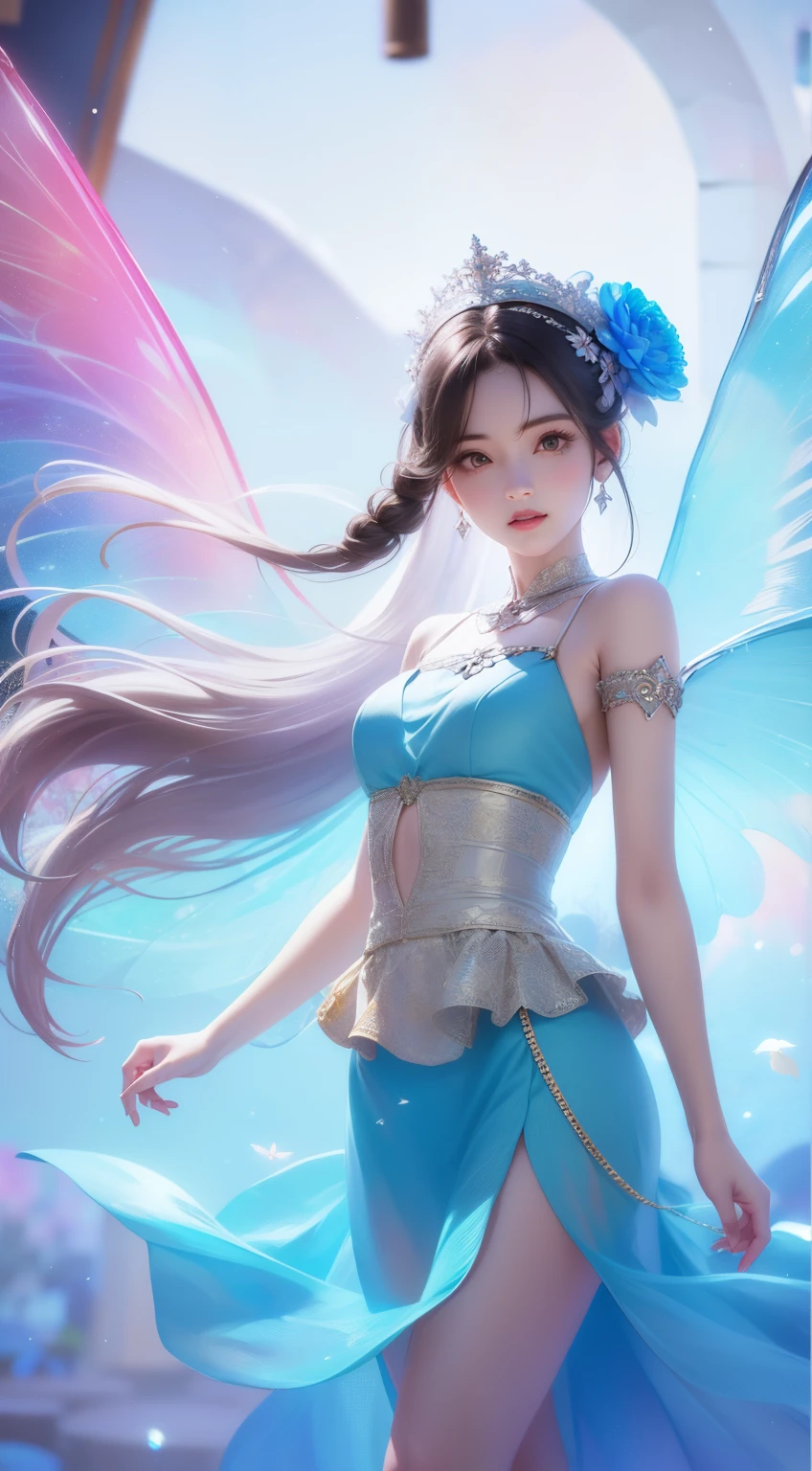 (((girl with)),Long skirt,(Flower Fairy),(colorful wings),Irridescent color,Arthur effect, Transparent body, Gradient translucent glass melt, Caustics, Glass Texture, Irridescent color, Designed by Dietrams, It features a simple, Glows in great detail, industrial design, Studio lighting, C4D, OC Renderer, Clean shadows, 4K