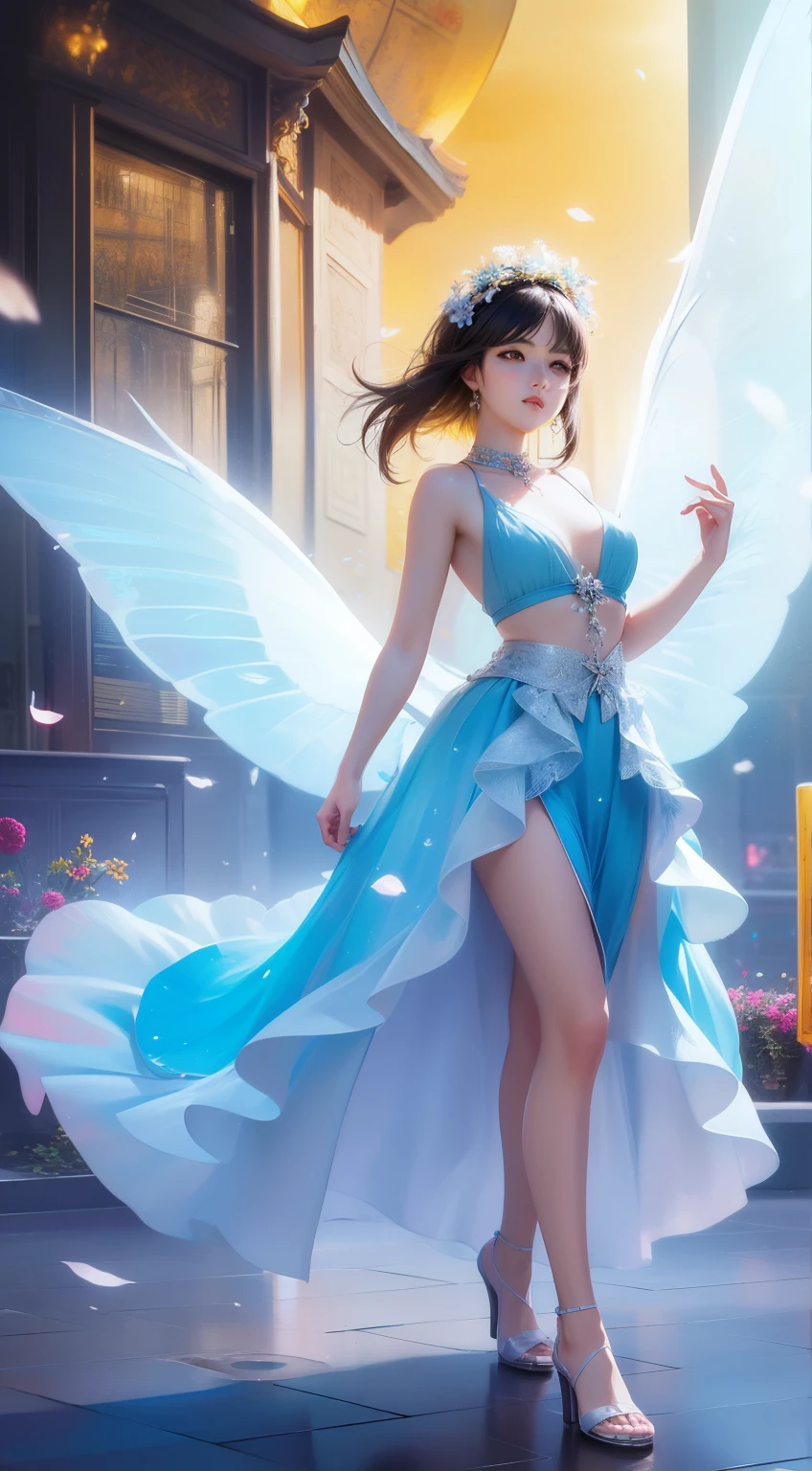 (((girl with))，Long skirt，（Flower Fairy），(colorful wings），Irridescent color，Arthur effect, Transparent body, Gradient translucent glass melt, Caustics, Glass Texture, Irridescent color, Designed by Dietrams, It features a simple, Glows in great detail, industrial design, Studio lighting, C4D, OC Renderer, Clean shadows, 4K