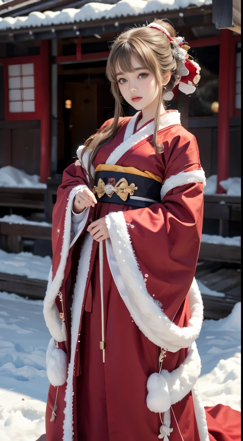 realistic, High resolution, 1 female, alone, raise one's hips high,(lolita costume), beautiful eyes, ring-shaped eyes, It's snowing、Japanese new year kimono