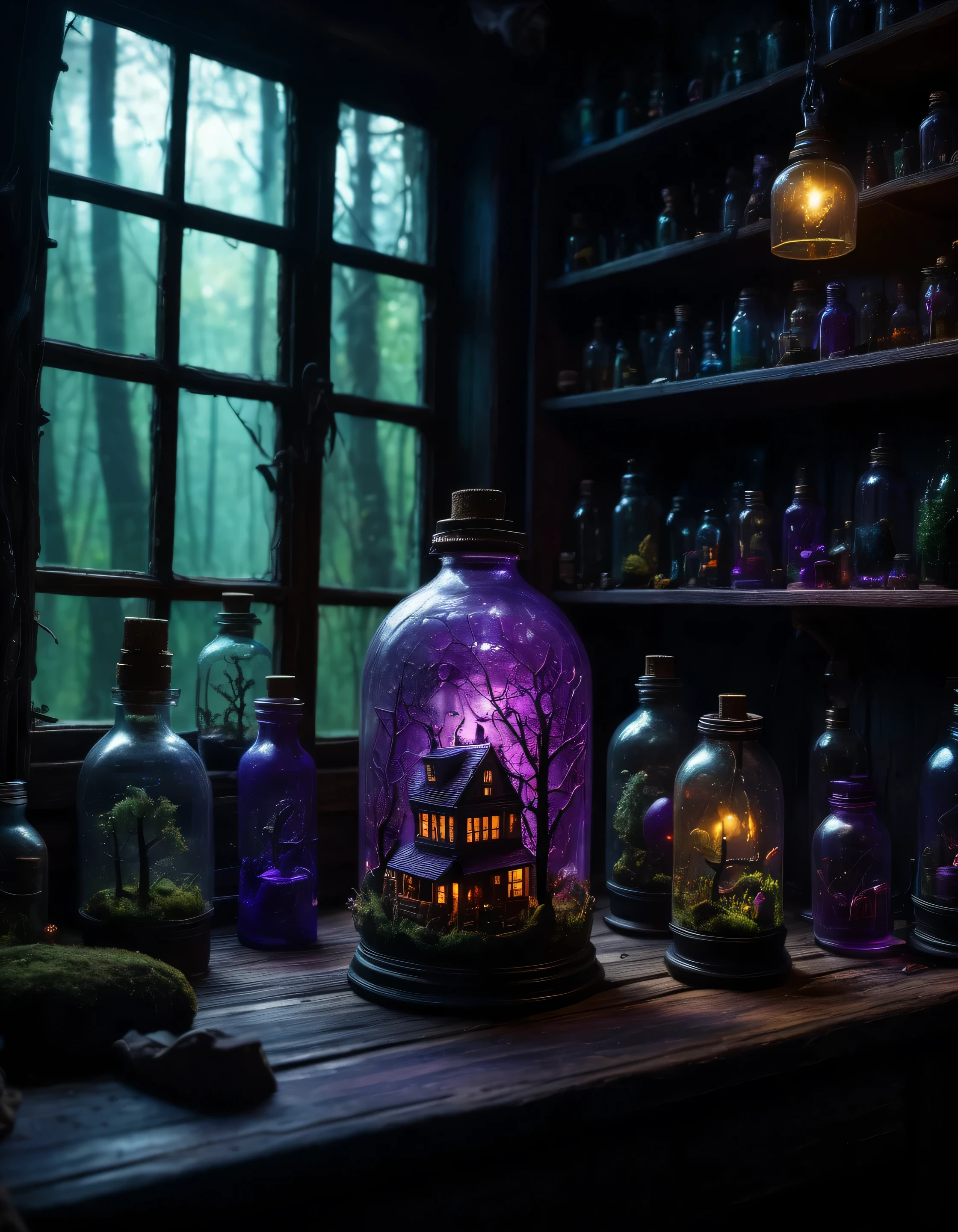 An intricate forest mini-town landscape trapped in a bottle, on a table, in a ((creepy)) workshop, dark aesthetic, spooky, vibrant colors window, shelf, knick-knacks, epic composition, atmospheric-lighting, subsurface-scattering, (purple) (detailed high quality highres high saturation) vibrant colors