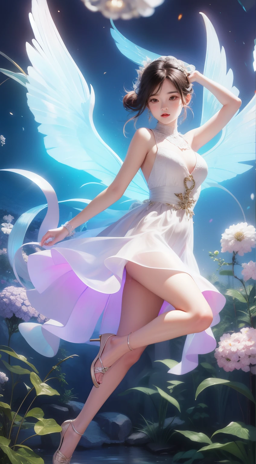 (((girl with)),Long skirt,(Flower Fairy),(colorful wings),Irridescent color,Arthur effect, Transparent body, Gradient translucent glass melt, Caustics, Glass Texture, Irridescent color, Designed by Dietrams, It features a simple, Glows in great detail, industrial design, Studio lighting, C4D, OC Renderer, Clean shadows, 4K