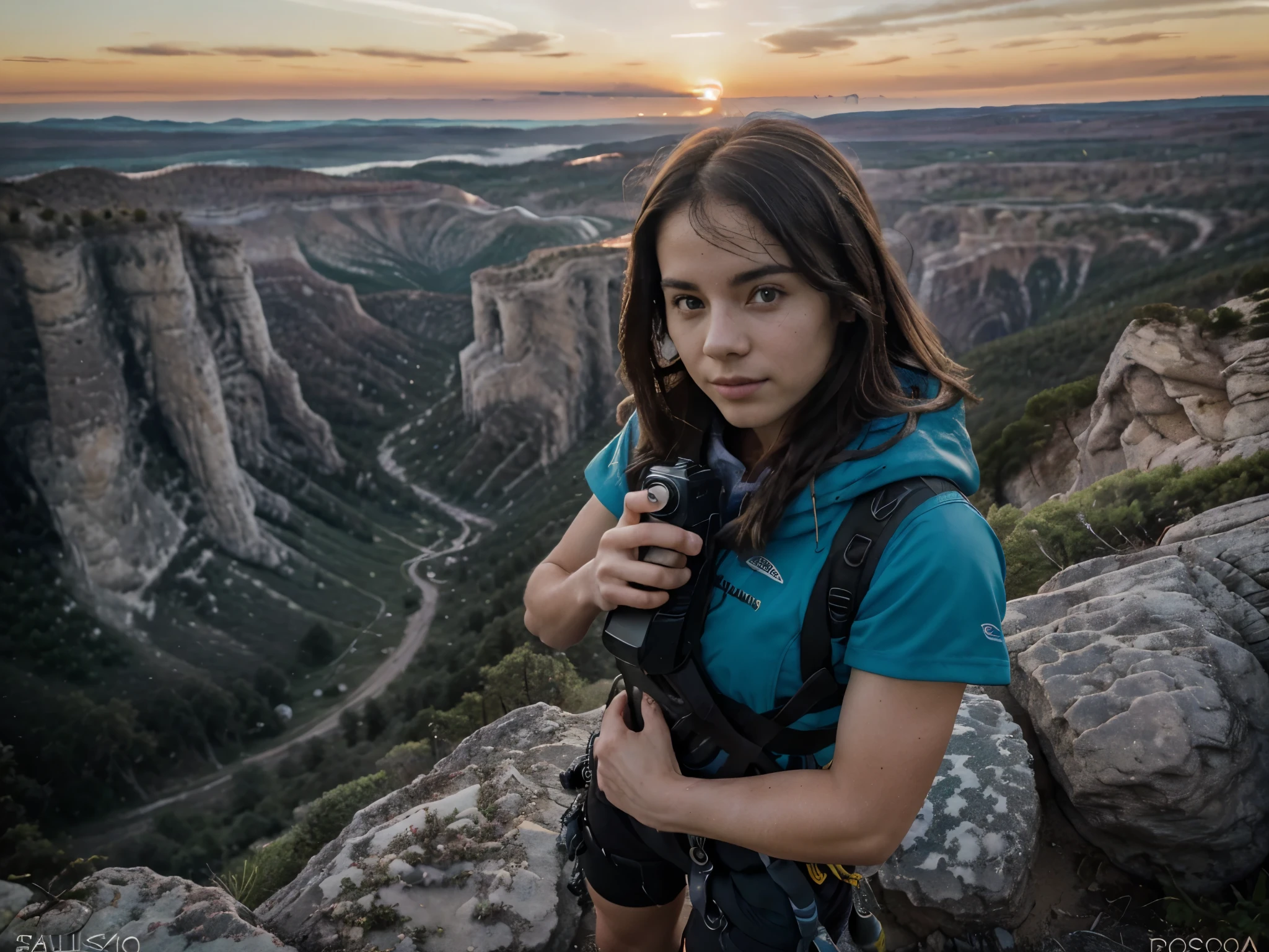 Ultra gran angular, ((ultra wide angle x0.5:1.5, camera view from above)), ((selfie:1.4, a young climber, in climbing clothing, from the top of the mountain, view of beautiful and epic landscape, imposing , 360-degree view)),((perfect, meticulously detailed:1.3, flawless, high definition:1.4, cinematic, ((Masterpiece)), (Hyper detailed: 1.4), (Photorealistic: 1.4), Epic, sunset: 1.4, 32k.