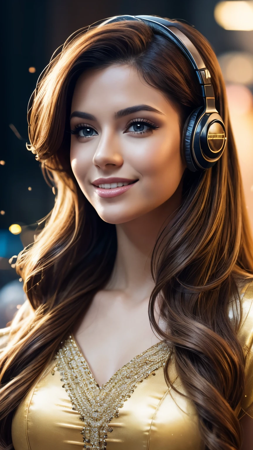 Girl, ((Film grain, bokeh, light particles ,Dust, Extreme camera angle)), (Best Quality,4k,hight resolution:1.2),Ultra-detailed,Realistic,Portrait,black & Gold Palette,Long flowing golden hairstyle, ((Red detailed eyes)), Vampire Liquids,radiant lighting,Detailed facial features,Dark background,Single man,in a black suit, Makeup artists do makeup for celebritieasterpiece:1.2), Best Quality, Masterpiece, hight resolution, Original, extremely detailed wallpaper, perfect lighting,(extremely detailed CGI:1.2), headphone, Madison Square New York, Traffic jam, headphone, smile, smile, smile, headphone, headphone
