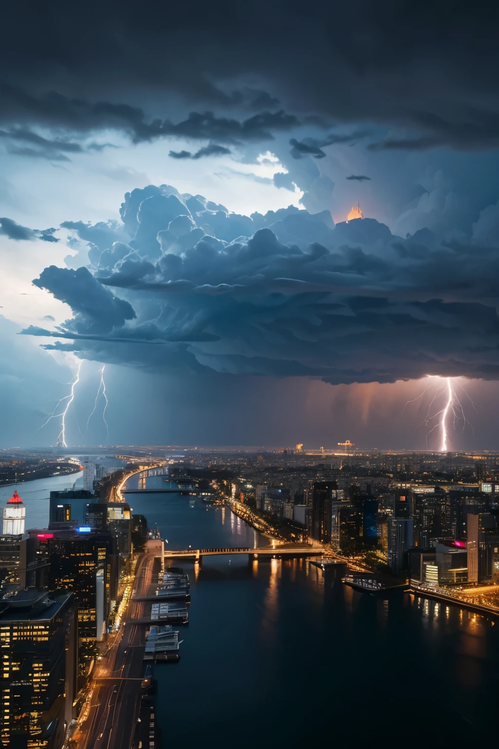 big city,heavily clouded,Sony FE GM, atmospheric perspective, wide shot, highres, 4K,Heavy rain,thunder and lightning
