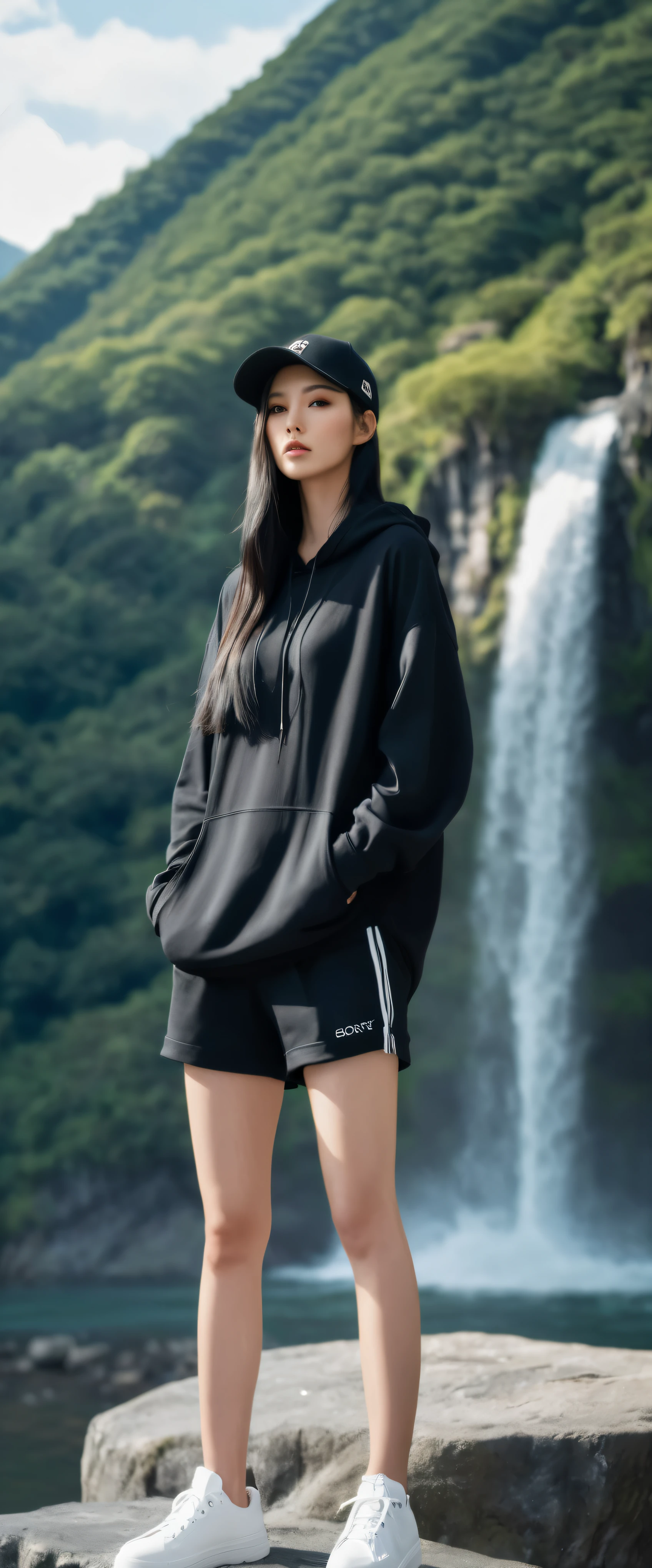Attractive Japanese woman with long black hair wearing a cap. Wearing a black oversized shirt with a hood., Black shorts and white sneakers, With a tattoo on his arm in the background., Waterfall and mountain view. when you see it, You miss the resolution of the image., clarity of light, sharp shadow, Model from head to knee, Model'The face doesn't float., natural, there is no interference to Model, These are the best photos from a Sony camera., edit Model, cut and paste background. , Standing poses and sexy poses