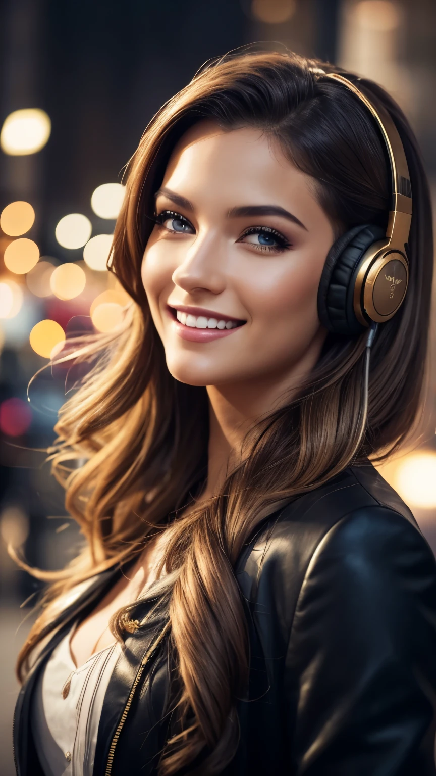 Girl, ((Film grain, bokeh, light particles ,Dust, Extreme camera angle)), (Best Quality,4k,hight resolution:1.2),Ultra-detailed,Realistic,Portrait,black & Gold Palette,Long flowing golden hairstyle, ((Red detailed eyes)), Vampire Liquids,radiant lighting,Detailed facial features,Dark background,Single man,in a black suit, Makeup artists do makeup for celebritieasterpiece:1.2), Best Quality, Masterpiece, hight resolution, Original, extremely detailed wallpaper, perfect lighting,(extremely detailed CGI:1.2), headphone, Madison Square New York, Traffic jam, headphone, smile, smile, smile, headphone, headphone