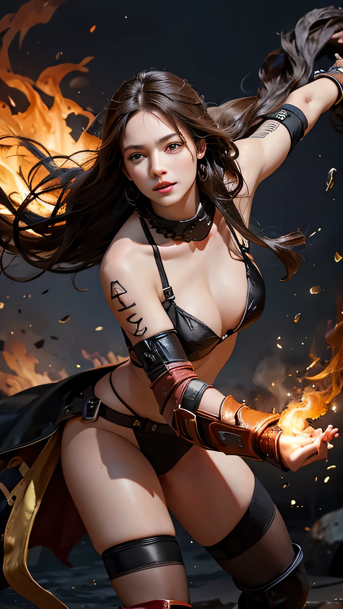 1woman,  long wave hair , brown hair swaying by wind, black eyes, beautiful, wear upper warrior armour, old ripped leather lingerie, smile, fire background, with fire on hand  point to viewer, synamic action, fighting action, epic, materpiece, ultra detail, realistic, 3/4 body shot,,