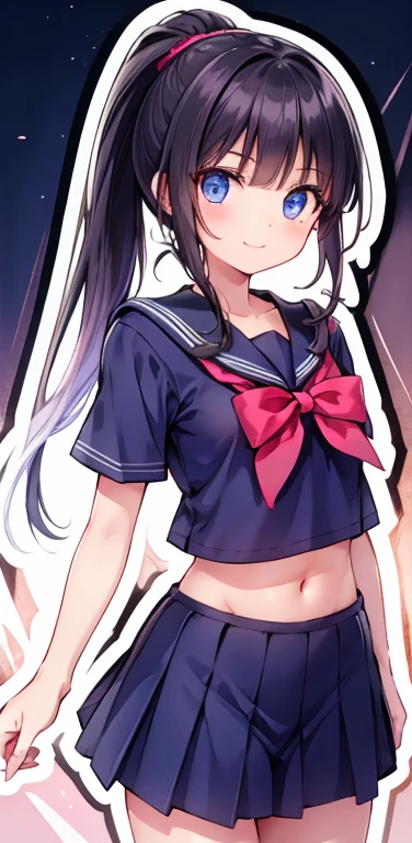 Realistic、1girl、black hair、blue eyes、open stance,(ponytail),(eye focus:1.3,cowboy shot),(gradient eyes:1.3), JK: 1.1,(sailor uniform
)、(light smile:1.3),cute face、,(tareme:1.3),(small breasts:1.3),