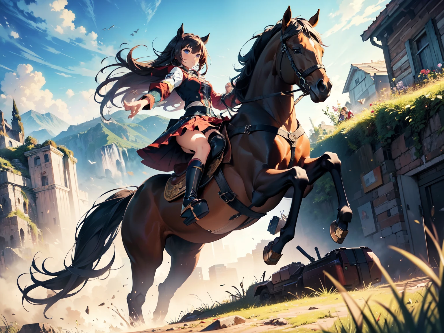 (best quality,masterpiece:1.2),realistic,vivid colors,HDR,ultra-detailed,portrait,landscape,anime,horse,girl,miniskirt uniform,falling,shocked,detailed