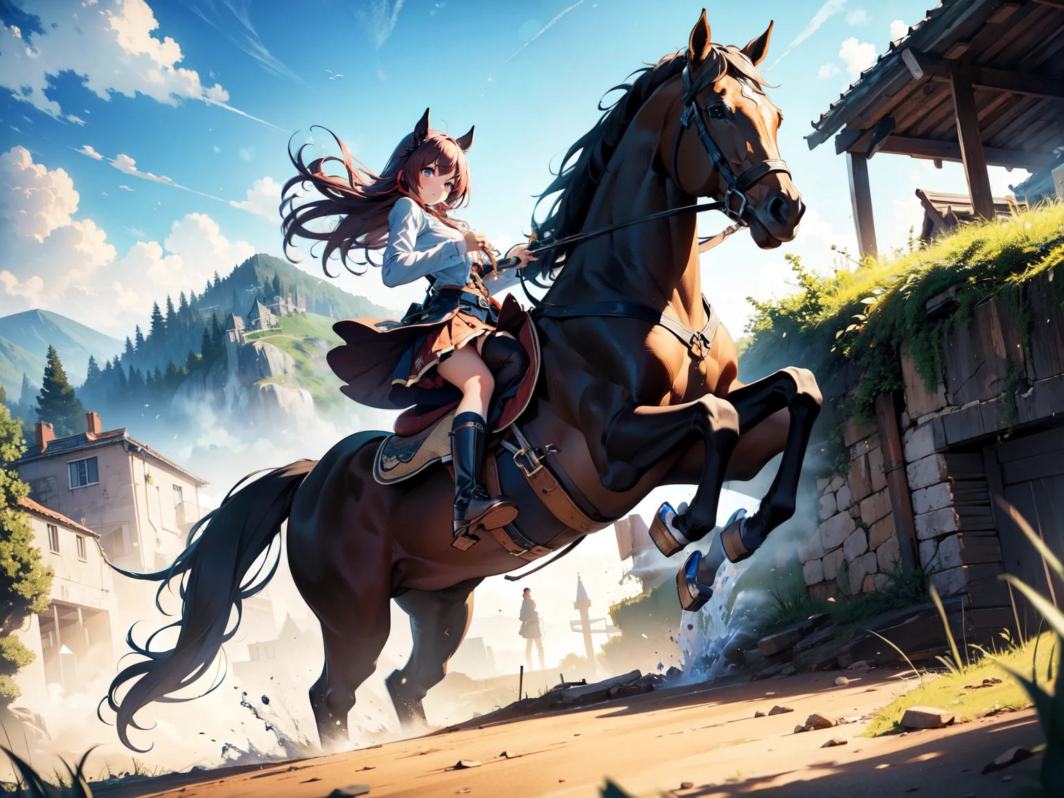 (best quality,masterpiece:1.2),realistic,vivid colors,HDR,ultra-detailed,portrait,landscape,anime,horse,girl,miniskirt uniform,falling,shocked,detailed