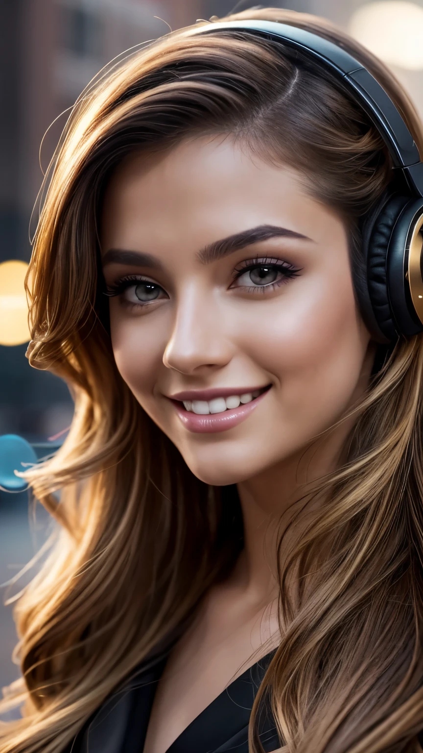 Girl, ((Film grain, bokeh, light particles ,Dust, Extreme camera angle)), (Best Quality,4k,hight resolution:1.2),Ultra-detailed,Realistic,Portrait,black & Gold Palette,Long flowing golden hairstyle, ((Red detailed eyes)), Vampire Liquids,radiant lighting,Detailed facial features,Dark background,Single man,in a black suit, Makeup artists do makeup for celebritieasterpiece:1.2), Best Quality, Masterpiece, hight resolution, Original, extremely detailed wallpaper, perfect  lighting,(extremely detailed CGI:1.2), headphone, Madison Square New York, Traffic jam, headphone, smile, smile, smile, headphone, headphone