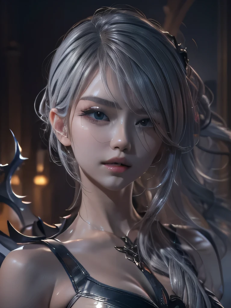 masterpiece, Raw photo，photorealism，High resolution，highest quality，High resolution, perfect composition, perfect face, perfect body, 16k，cinematic lighting，silver hair，Succubus，whip，latex，black，Charm，Demon's Castle Background、clavicleの見える悪魔の衣装、close up of face、very short hair、close up of face、clavicle、