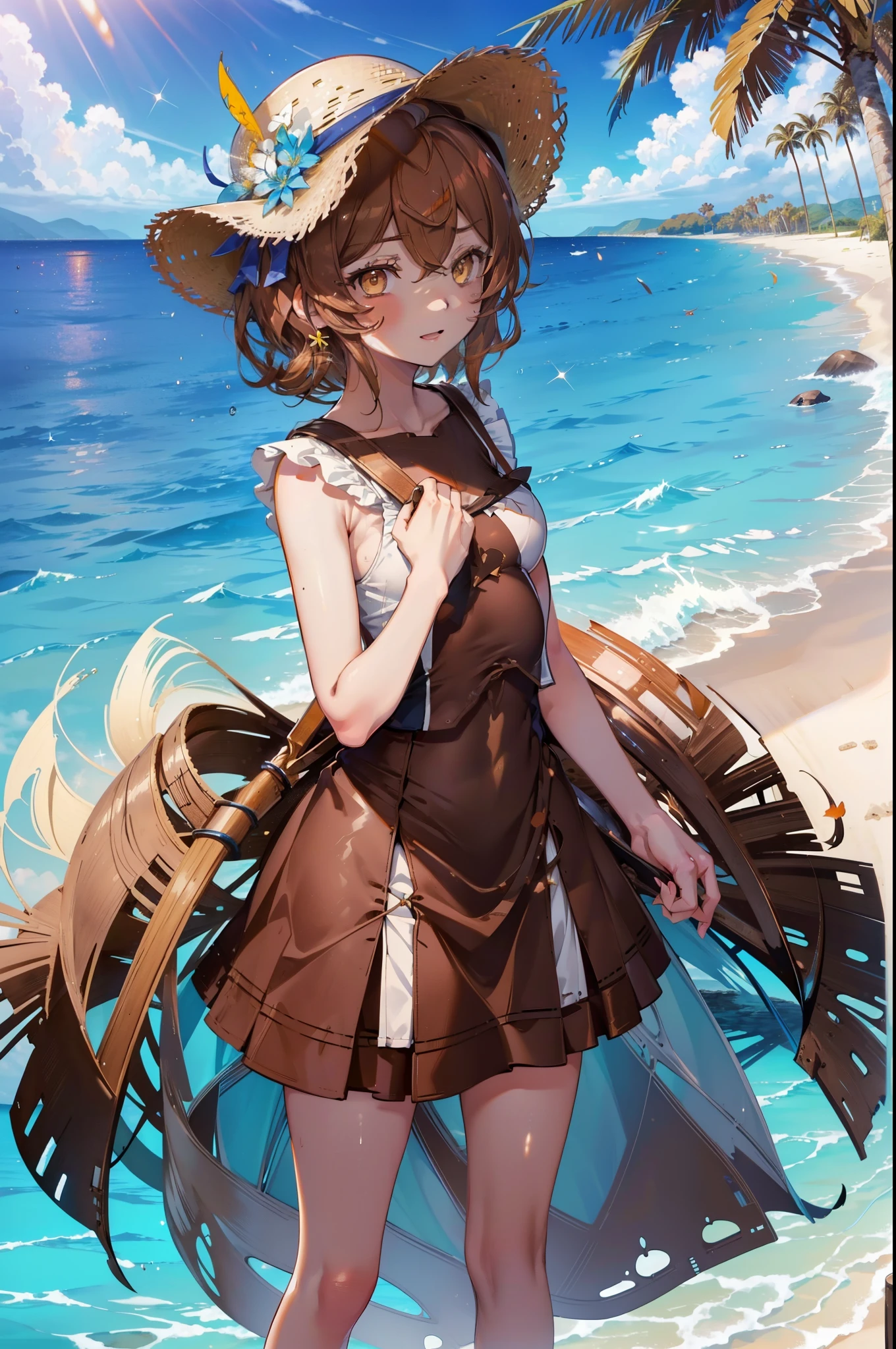 Lililukarde, Liliruka gets burned, (brown eyes:1.7), brown hair,short hair, (small breasts:1.2), short hair,happy smile, smile, open your mouth,big straw hat,white sleeveless dress,bare arms,put both arms behind one's back,long skirt,Cute Sandals,Light of the sun,Palm tree,Breaking the sandy beach looking at viewer,Breaking the upper body outdoors, beach
break (masterpiece:1.2), highest quality, High resolution, unity 8k wallpaper, (figure:0.8), (detailed and beautiful eyes:1.6), highly detailed face, perfect lighting, Very detailed CG, (perfect hands, perfect anatomy),