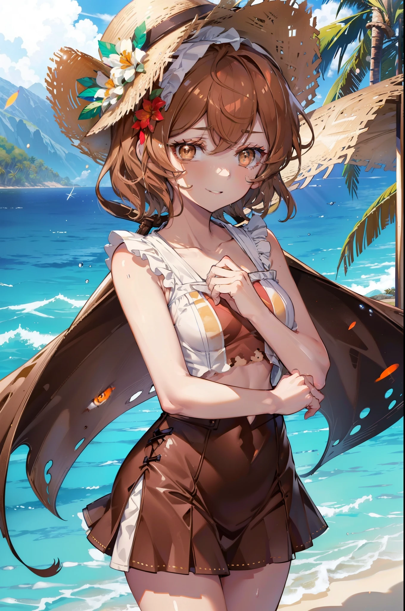 Lililukarde, Liliruka gets burned, (brown eyes:1.7), brown hair,short hair, (small breasts:1.2), short hair,happy smile, smile, open your mouth,big straw hat,white sleeveless dress,bare arms,put both arms behind one's back,long skirt,Cute Sandals,Light of the sun,Palm tree,Breaking the sandy beach looking at viewer,Breaking the upper body outdoors, beach
break (masterpiece:1.2), highest quality, High resolution, unity 8k wallpaper, (figure:0.8), (detailed and beautiful eyes:1.6), highly detailed face, perfect lighting, Very detailed CG, (perfect hands, perfect anatomy),