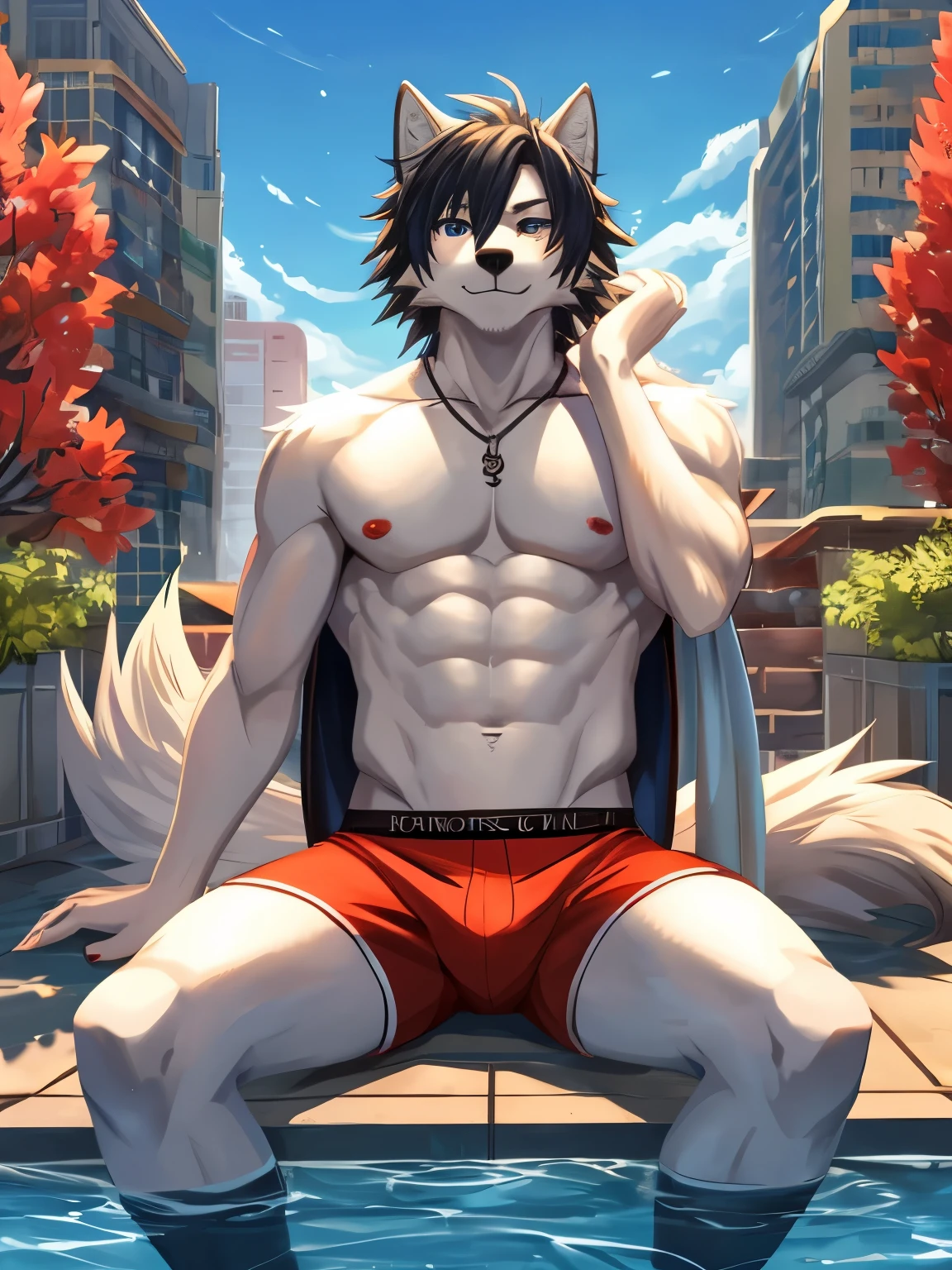 furry, male, anthro, (Wolf Tail), Solo, (Realistic eye details:1.2), (beautiful detailed eyes), anime characters, there is a drawing of a Wolf sitting on the edge of a pool, commission for high res, fullbody commission for, fursona furry art commission, furry art!!!, doing a hot majestic pose, oc commission, furry art, sfw version, commission, commission on furaffinity, commission for, sfw, boxer shorts, fursona commission, anthro art, anime style 4 k, inspired by Liam Wong, anime style. 8k, 4k anime wallpaper, anime art wallpaper 8 k, 2 d art, 2d art, badass anime 8 k, by Yuumei, anime art wallpaper 4k, full body like, slim body, in a panoramic view, good looking