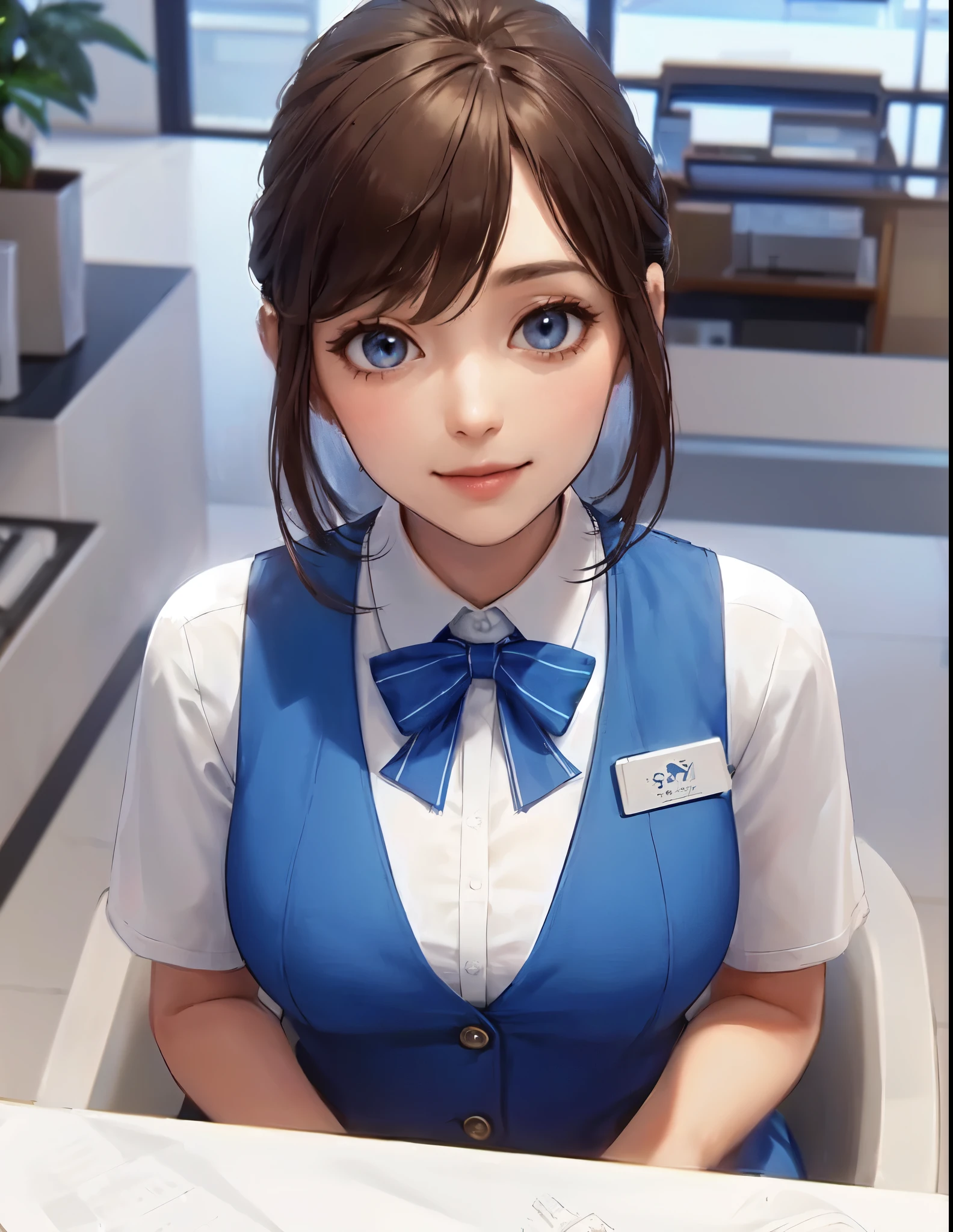1lady solo, sitting, (looking up) (from above), office worker, ((blue vest) over white dress shirt), mature female, /(dark brown hair/), kind smile, (masterpiece best quality:1.2) delicate illustration ultra-detailed, large breasts, bowtie BREAK (modern office) indoors, (reception desk), entrance, detailed background