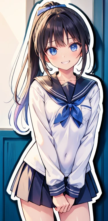 Realistic、1girl、black hair、blue eyes、open stance,(ponytail),(eye focus:1.3,cowboy shot),(gradient eyes:1.3), JK: 1.1,(sailor uniform
)、(grin:1.3),cute face、,(tareme:1.3),(small breasts:1.3),