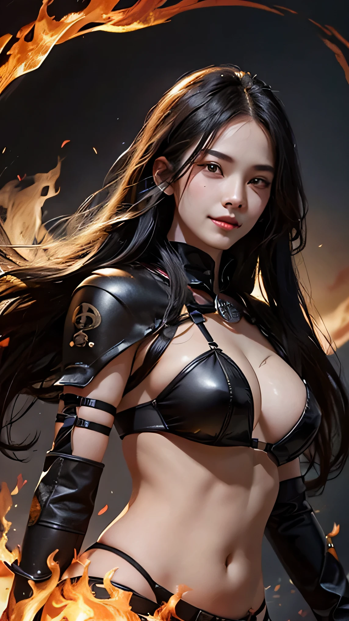1woman, long waving hair , black hair, black eyes, beautiful, upper warrior armour, obsolete leather lingerie, smile, fire background, with fire on hand point to viewer, ultra detail, realistic, 3/4 body shot,,
