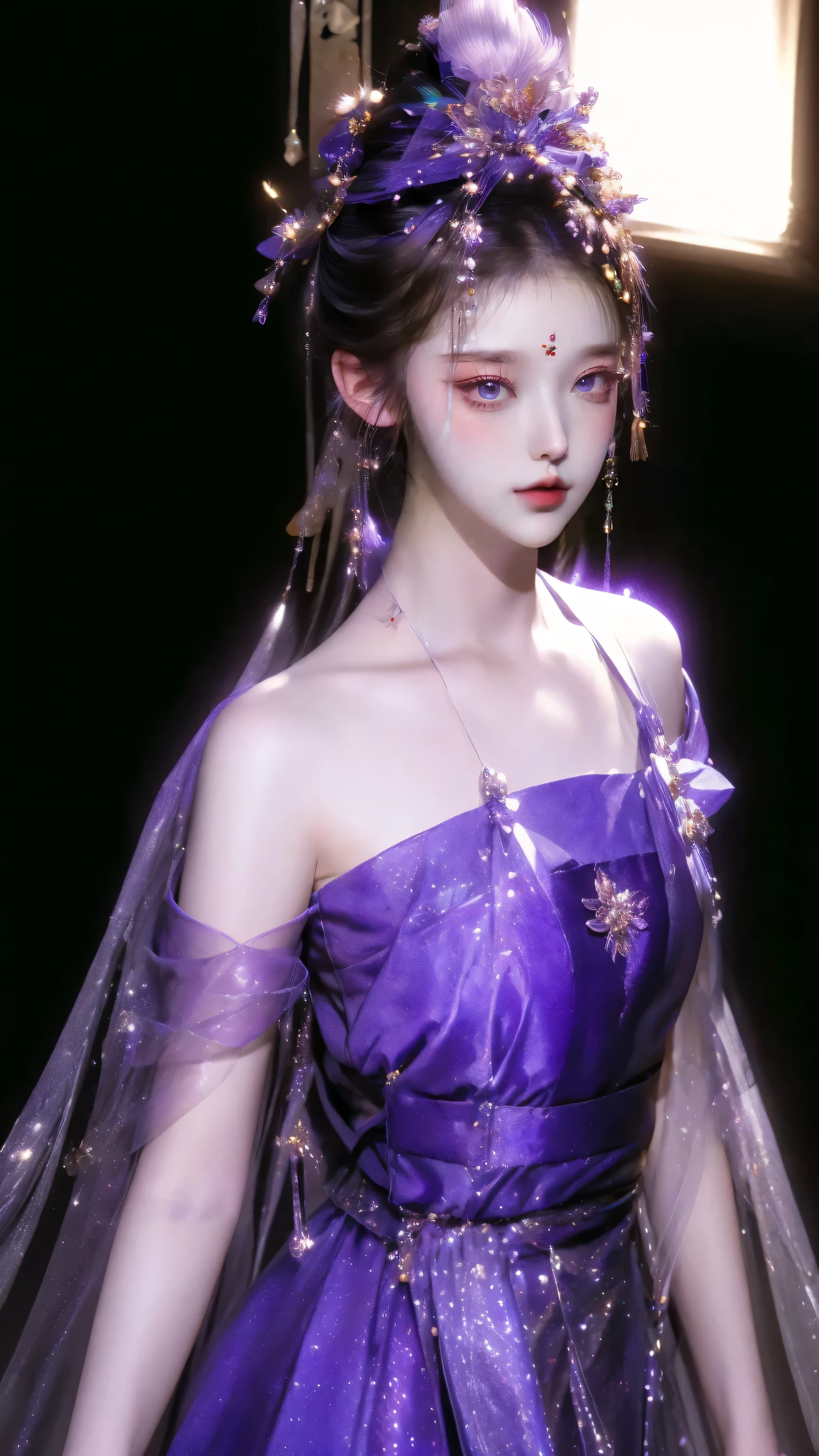 （（full body pictures）），（best quality，masterpiece：1.2），ultra high resolution，realistically，front lighting，intricate details，Exquisite details and textures，（1 girl），alone，luster，Purple Hanfu，好漂亮的big eyes，(purple dress），Petal decoration，pretty face，facing the audience，come on ribbon，gossamer，（young），facial highlights，Detailed production，tear nevus，White skin，silver hair，high ponytail，looking at the audience，big eyes，（hollow pattern），ear nipple ring，fit，White background，right hand，shoe，leg，professional lighting，photon mapping，radio city，Physically based rendering，8K
