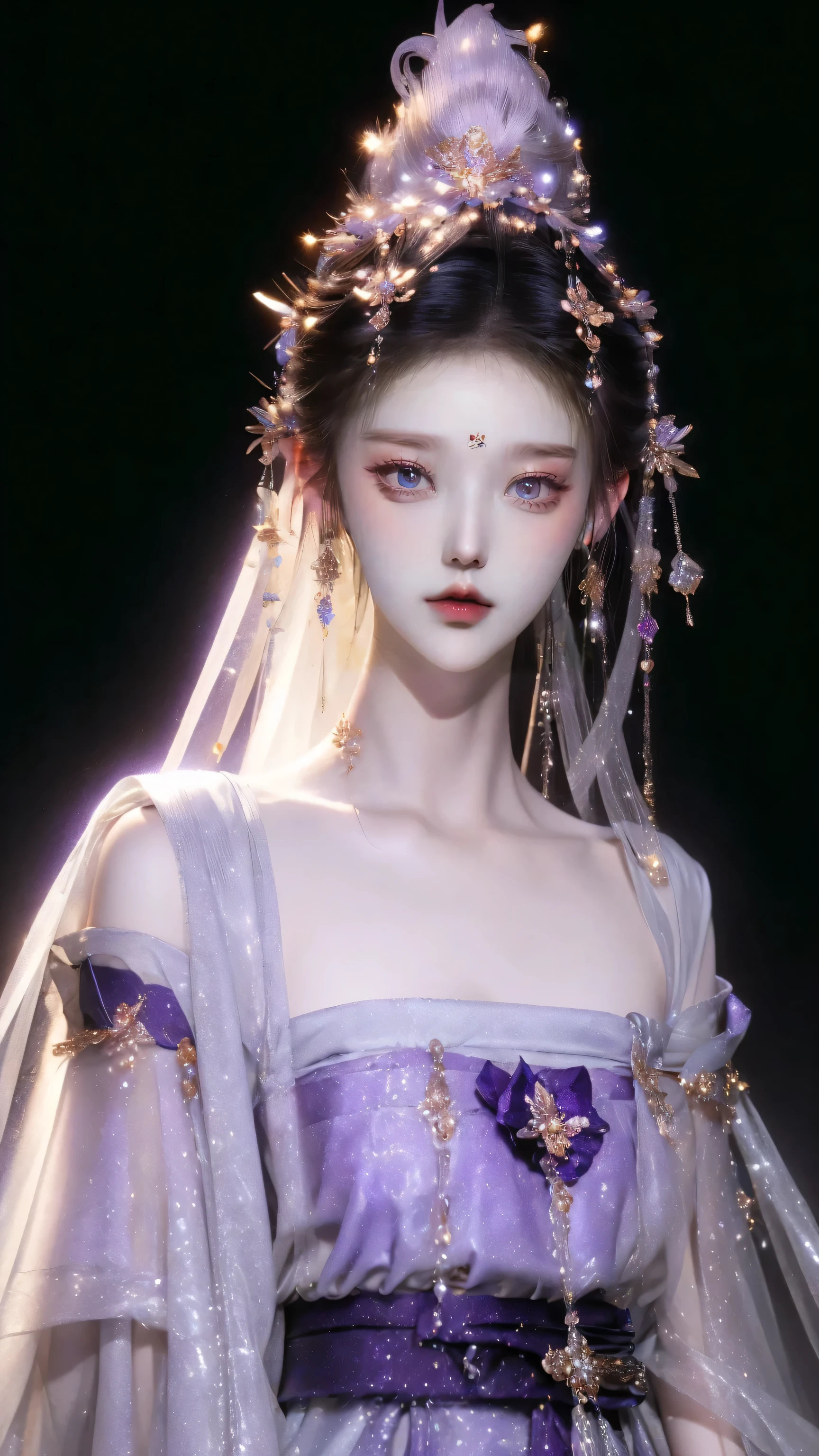 （（full body pictures）），（best quality，masterpiece：1.2），ultra high resolution，realistically，front lighting，intricate details，Exquisite details and textures，（1 girl），alone，luster，Purple Hanfu，好漂亮的big eyes，(purple dress），Petal decoration，pretty face，facing the audience，ribbon，gossamer，（young），facial highlights，Detailed production，tear nevus，White skin，silver hair，high ponytail，looking at the audience，big eyes，（hollow pattern），ear nipple ring，fit，White background，right hand，shoe，leg，professional lighting，photon mapping，radio city，Physically based rendering，8K
