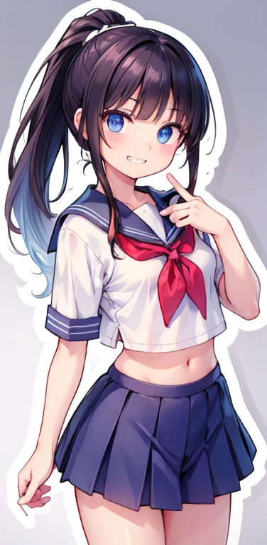 Realistic、1girl、black hair、blue eyes、open stance,(ponytail),(eye focus:1.3,cowboy shot),(gradient eyes:1.3), JK: 1.1,(sailor uniform
)、(grin:1.3),cute face、,(tareme:1.3),(small breasts:1.3),