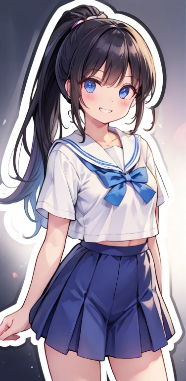 Realistic、1girl、black hair、blue eyes、open stance,(ponytail),(eye focus:1.3,cowboy shot),(gradient eyes:1.3), JK: 1.1,(sailor uniform
)、(grin:1.3),cute face、,(tareme:1.3),(small breasts:1.3),