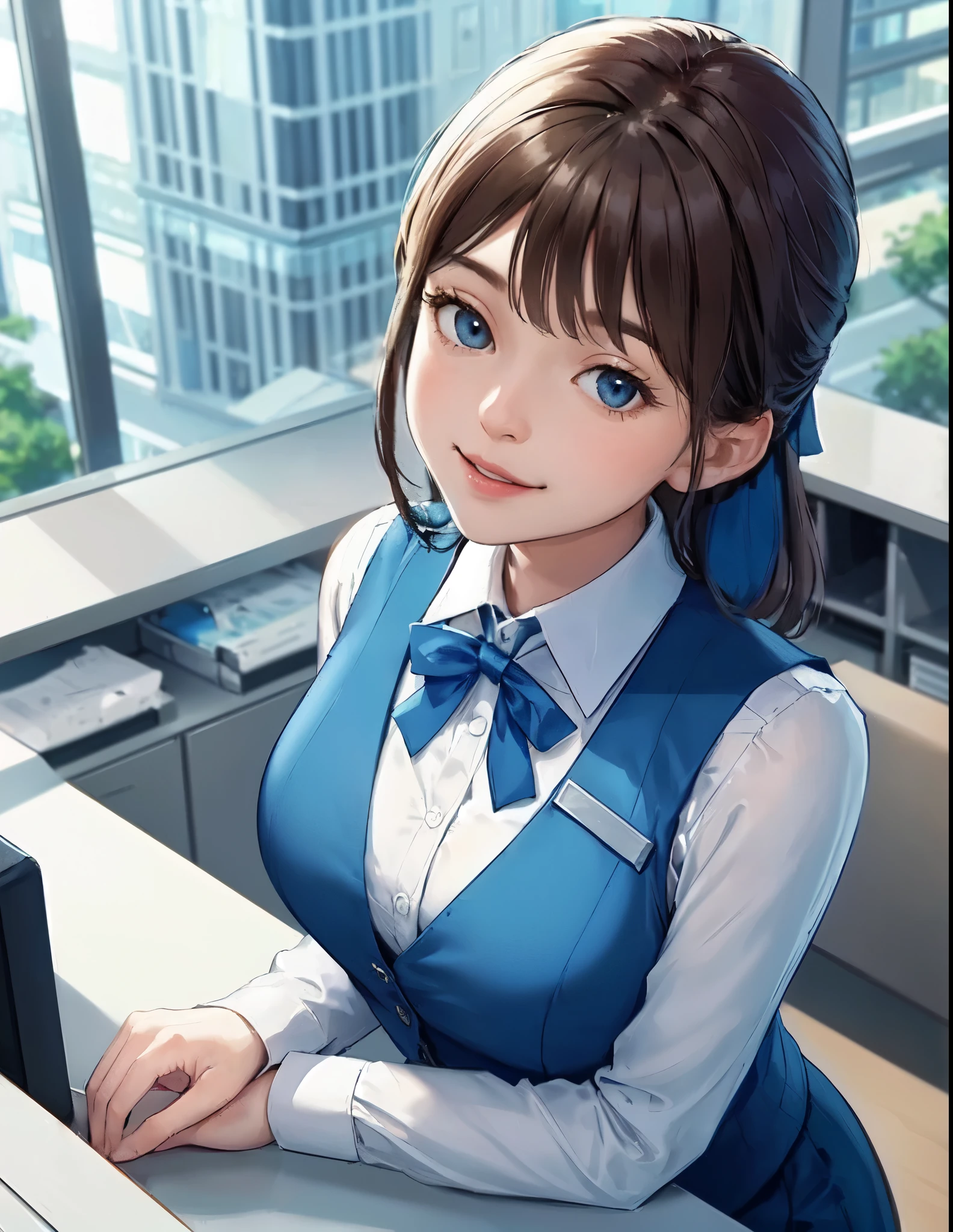 1lady solo, sitting, (looking up) (from above), office worker, ((blue vest) over white dress shirt), mature female, /(black hair/), kind smile, (teeth:0.8), (masterpiece best quality:1.2) delicate illustration ultra-detailed, large breasts, bowtie BREAK (modern office) indoors, (reception desk), entrance, detailed background