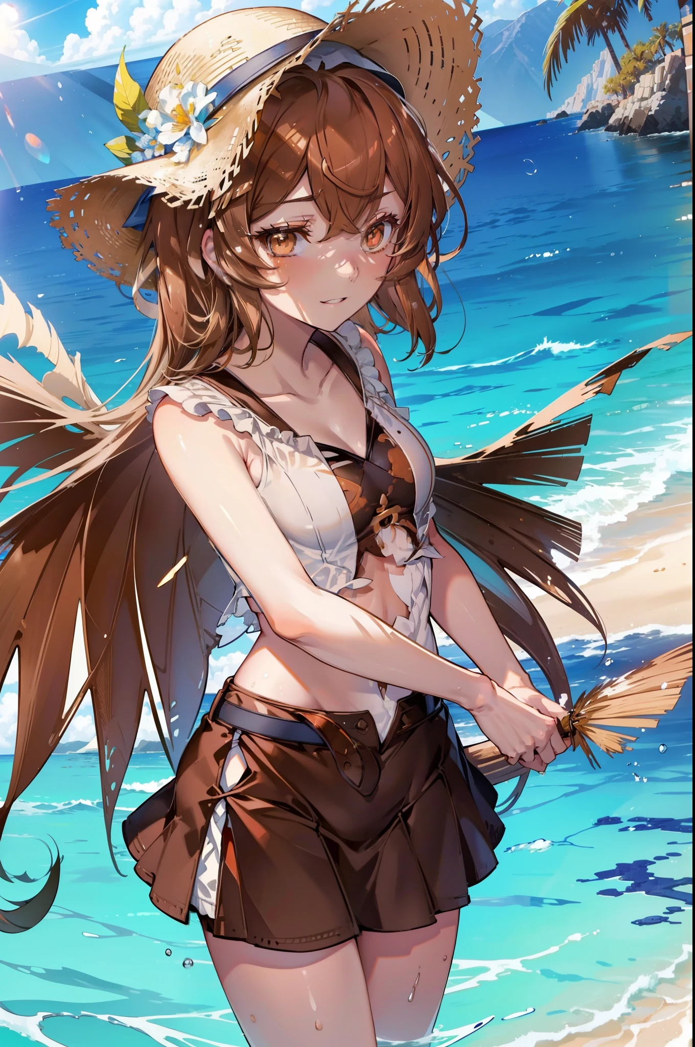 Front Angle, Cowboy Shot, masutepiece, Fine detail, 4K, 8K, 12K, Solo, One person, Beautiful girl, caucasian female, Touhou Project Seimei Marubun, different costume, 👙swim wears、bikinis、 , swimsuit, beach, Sunset