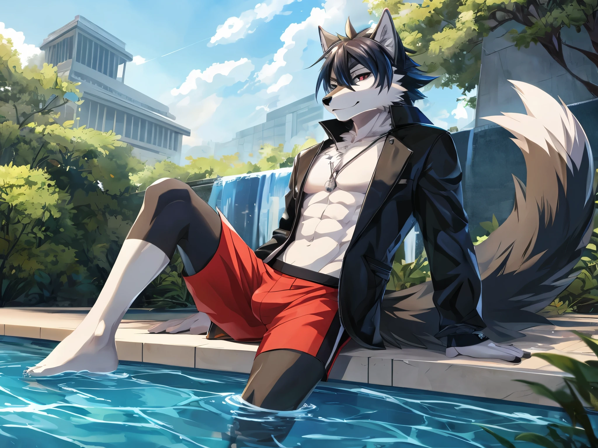 furry, male, anthro, (Wolf Tail), Solo, (Realistic eye details:1.2), (beautiful detailed eyes), anime characters, there is a drawing of a Wolf sitting on the edge of a pool, commission for high res, fullbody commission for, fursona furry art commission, furry art!!!, doing a hot majestic pose, oc commission, furry art, sfw version, commission, commission on furaffinity, commission for, sfw, boxer shorts, fursona commission, anthro art, anime style 4 k, inspired by Liam Wong, anime style. 8k, 4k anime wallpaper, anime art wallpaper 8 k, 2 d art, 2d art, badass anime 8 k, by Yuumei, anime art wallpaper 4k, full body like, slim body, in a panoramic view, good looking