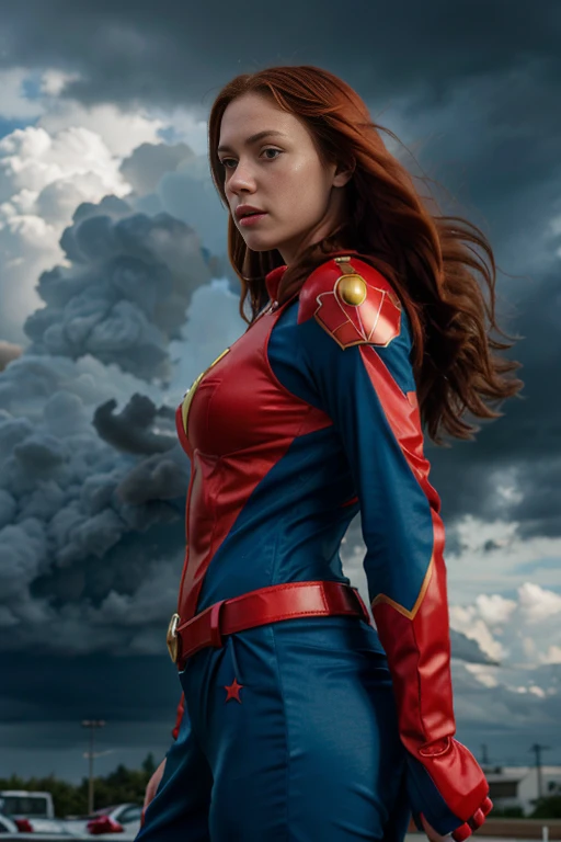 Caucasian female around 25 years old, with long red hair, wearing a red and blue superhero costume with a light bolt emblem, standing with a stormy sky in the background