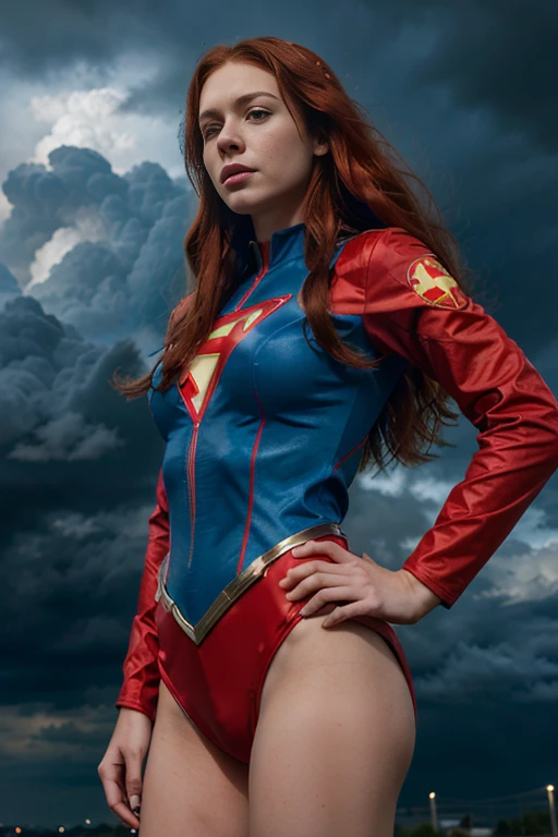 Caucasian female around 25 years old, with long red hair, wearing a red and blue superhero costume with a light bolt emblem, standing with a stormy sky in the background