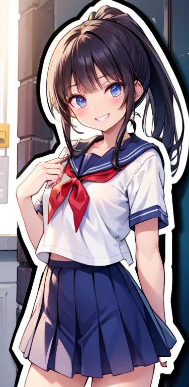 Realistic、1girl、black hair、blue eyes、open stance,(ponytail),(eye focus:1.3,cowboy shot),(gradient eyes:1.3), JK: 1.1,(sailor uniform
)、(grin:1.3),cute face、,(tareme:1.3),(small breasts:1.3),