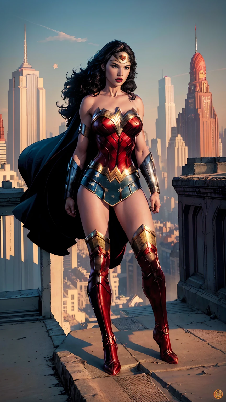 ((full body photo, standing, feet on the ground)) (Gal Gadot:1.1) Red lips, green eyes, ((full body photo, standing, feet on the ground)) Wonder Woman stands imposingly in a city from Themyscira. The scenery is lush. The camera details everything, a warrior woman, cover with stars
.