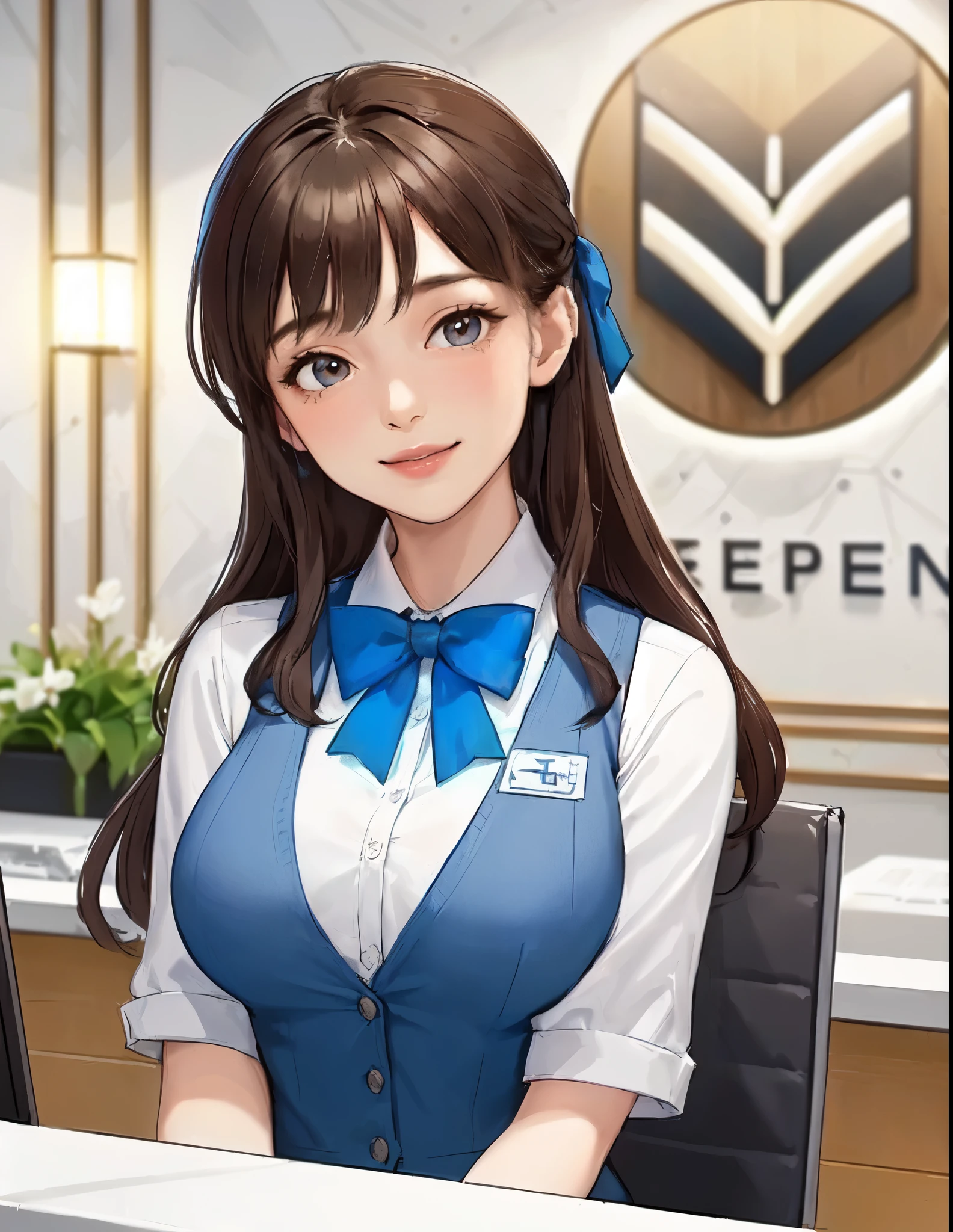 1lady solo, sitting, (looking up) (from above), office worker, ((blue vest) over white dress shirt), mature female, /(dark brown hair/), kind smile, (masterpiece best quality:1.2) delicate illustration ultra-detailed, large breasts, bowtie BREAK (modern office) indoors, (reception desk), (stylish company logo on wall) , detailed background