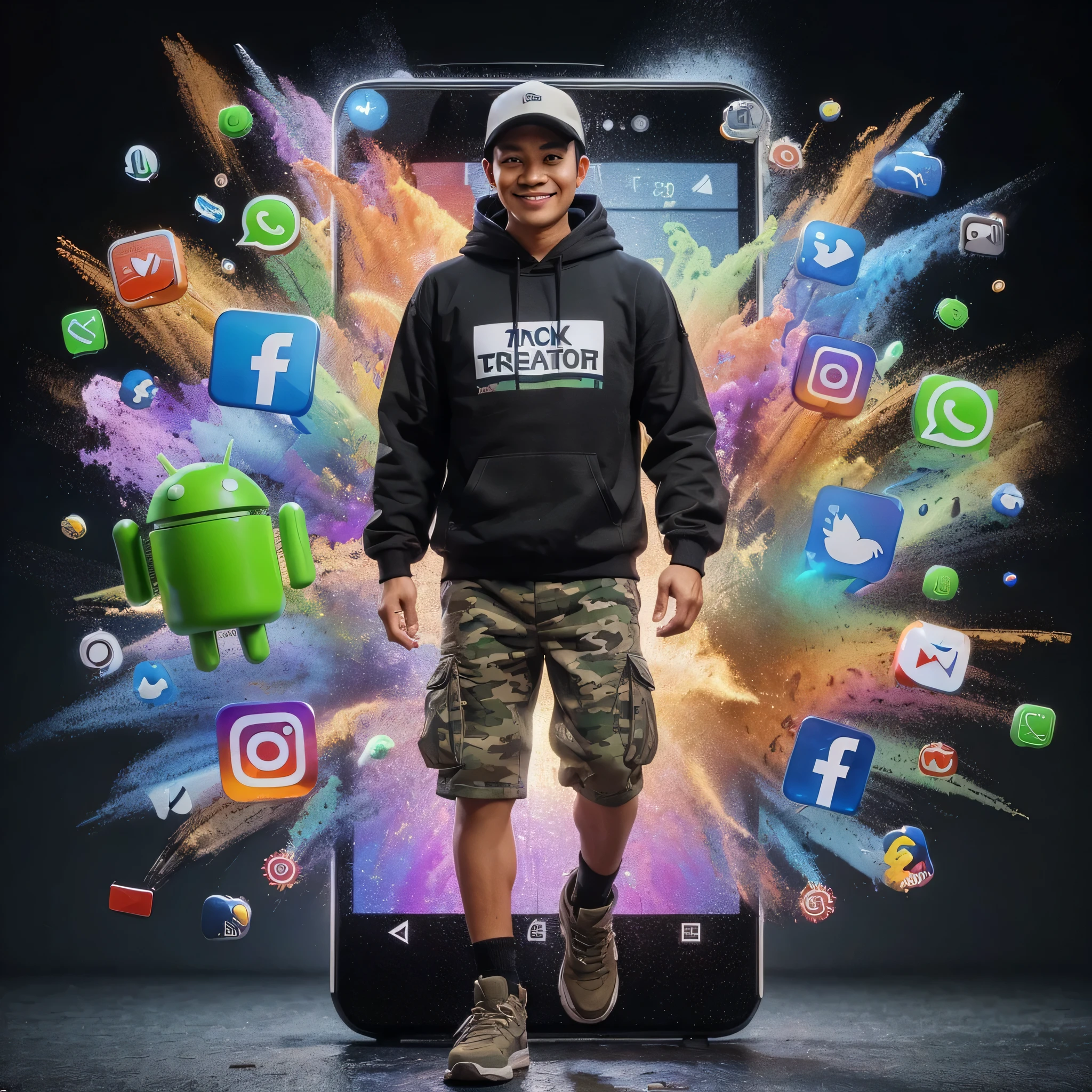 30 year old Indonesian man wearing a black hoodie with the words "ZACK CREATOR", a light baseball cap, wearing short camouflage Cargo Pants boots as if he wanted to get out of the Android screen, with a smiling face, various Facebook, WhatsApp, Instagram, splash icons colorful smoke on Twitter spreads into the background. Creates realistic 3D screens and high HD resolution black backgrounds