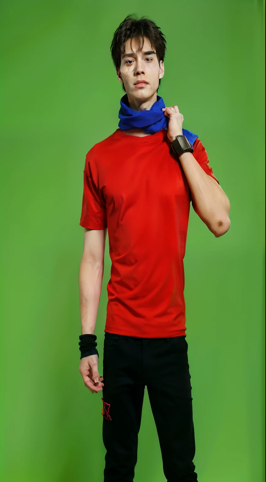 a close up of a person wearing a red shirt and a blue scarf, red cloth around his shoulders, he‘s wearing a red neckerchief, he‘s wearing a red scarf, kentaro miura style, kentaro miura art style, tall anime guy with blue eyes, miura kentaro style, kentaro miura manga style