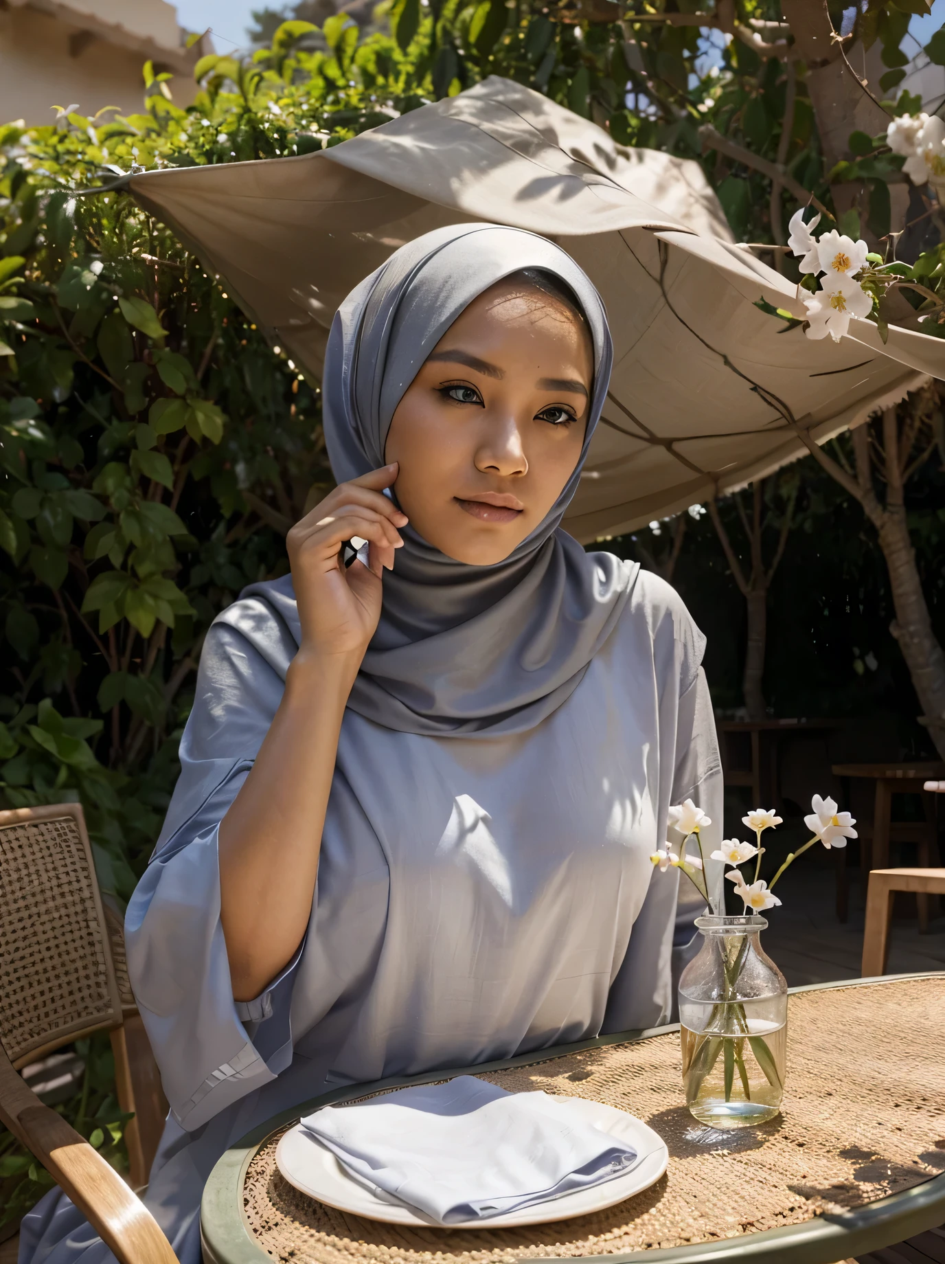 Indonesian woman sitting in an outdoor cafe on a windy spring day, wearing a hijab. Bright sunlight streamed through the delicate vines on the canopy, casting a hesitant shadow on the woman's face. On the table, sunlight shines through a polished metal napkin holder and a glass vase containing a few flowers, just to see the majestic scale of her face, dramatic eyes, impossibly smooth skin, an absolute masterpiece, perfect for 64k resolution. It meets the highest standards of authenticity, ensuring every element looks like a high-resolution photo.

