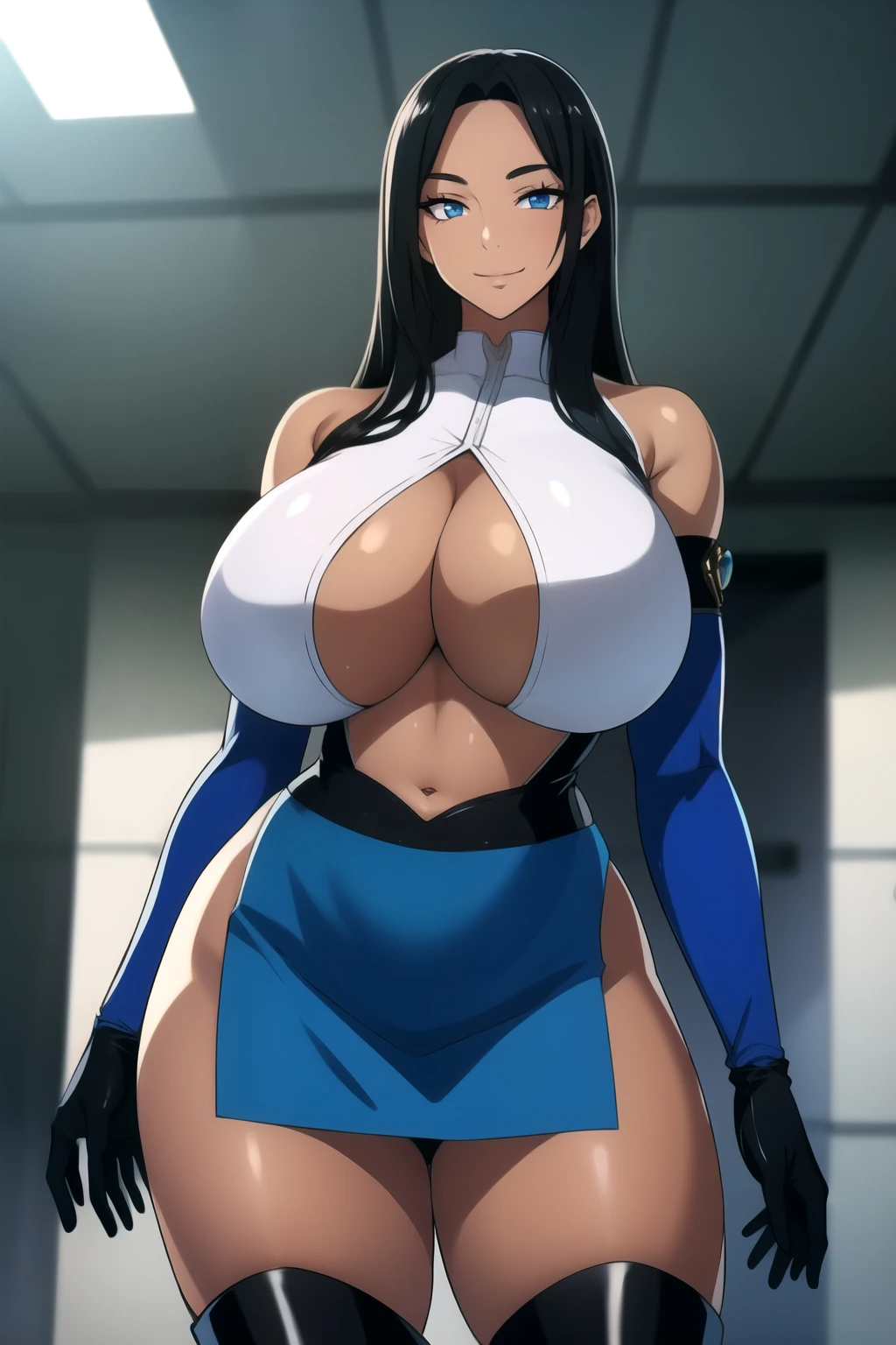 masterpiece, best quality, absurdres, 8k, perfect shadows,perfect lighting,hdr, cowboy shot,shiny skin,skindentation, beautiful body, NamiFinal, ((black hair: 1.4)), long hair, blue eyes,  (crop top, underboob, elbow gloves, thigh boots, split skirt, bare shoulders, curvy, midriff, curvy, thighs, higheels, shiny clothes), complex detailed background, inside, luxury palace) (gigantic breasts,hourglass body, thin waist,very slim waist)extremely detailed face,detailed eye makeup, detail face, nice detailed eyes,nice hands, perfect hands (realistic pupils,realistic iris:1) heavy eye makeup,glowing eyes, Bright eyes,standing,standing at attention,(seductive smile), gigantic breasts, curvy, (( tan skin: 1.1))