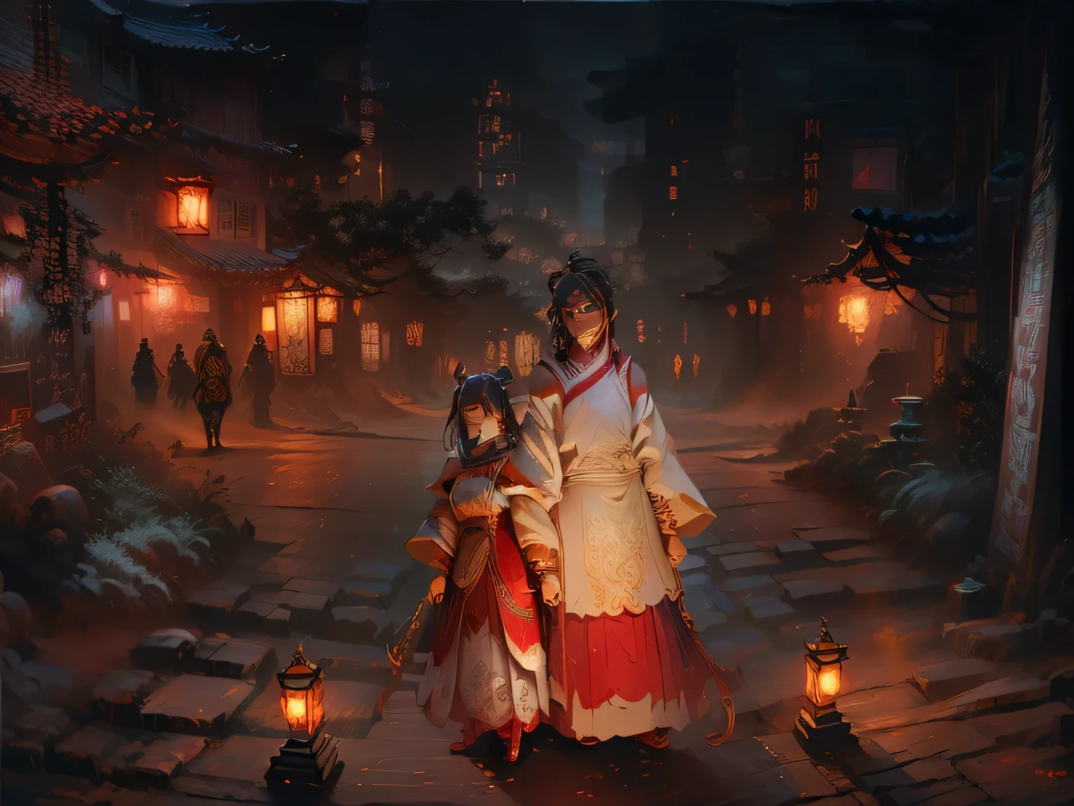 Painting of several people standing in front of a building, Evil spirits roam with lanterns, Gurwitz style artwork, A beautiful artistic illustration, inspired by Fenghua Zhong, Rob Ray and Kentaro Miura style, by Ni Yuanlu, night, Rob Ray and Kentaro Miura style, Inspired by Lu Zhi