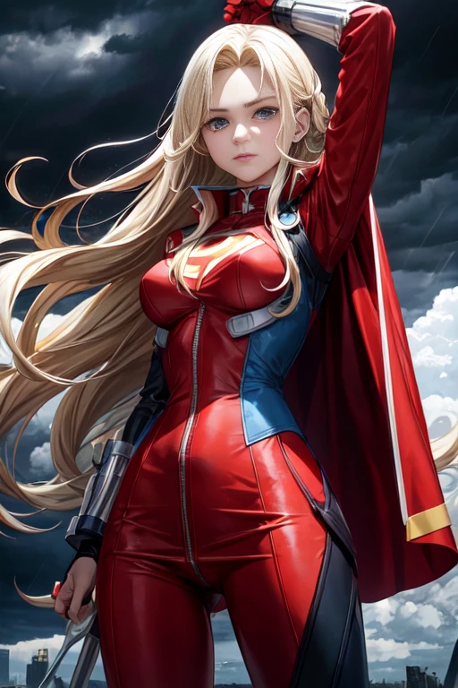 Caucasian female around 25 years old, with long blonde hair, wearing a red and blue superhero costume with a light bolt emblem, standing with a stormy sky in the background