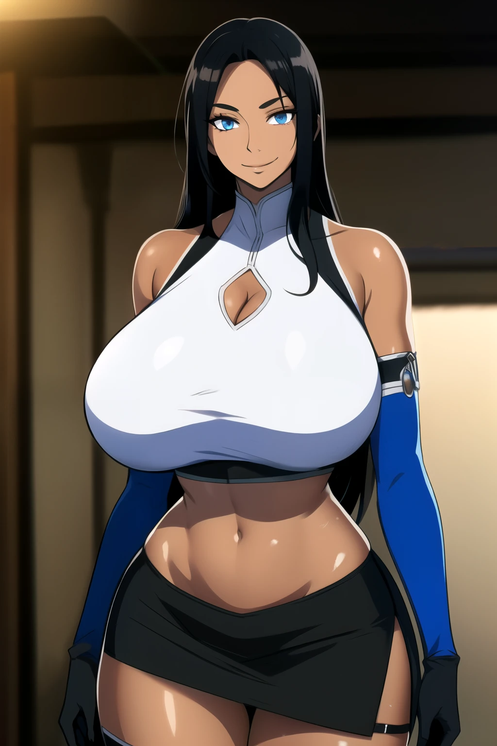 masterpiece, best quality, absurdres, 8k, perfect shadows,perfect lighting,hdr, cowboy shot,shiny skin,skindentation, beautiful body, NamiFinal, ((black hair: 1.4)), long hair, blue eyes, (crop top, underboob, elbow gloves, thigh boots, split skirt, bare shoulders, curvy, midriff, curvy, thighs, higheels, shiny clothes), complex detailed background, inside, luxury palace) (gigantic breasts,hourglass body, thin waist,very slim waist)extremely detailed face,detailed eye makeup, detail face, nice detailed eyes,nice hands, perfect hands (realistic pupils,realistic iris:1) heavy eye makeup,glowing eyes, Bright eyes,standing,standing at attention,(seductive smile), gigantic breasts, curvy, (( tan skin: 1.1))