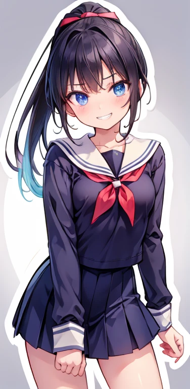 Realistic、1girl、black hair、ahoge,blue eyes、open stance,(ponytail),(eye focus:1.3,cowboy shot),(gradient eyes:1.3), JK: 1.1,(sailor uniform
)、(grin:1.3),cute face、,(tareme:1.3),(small breasts:1.3),