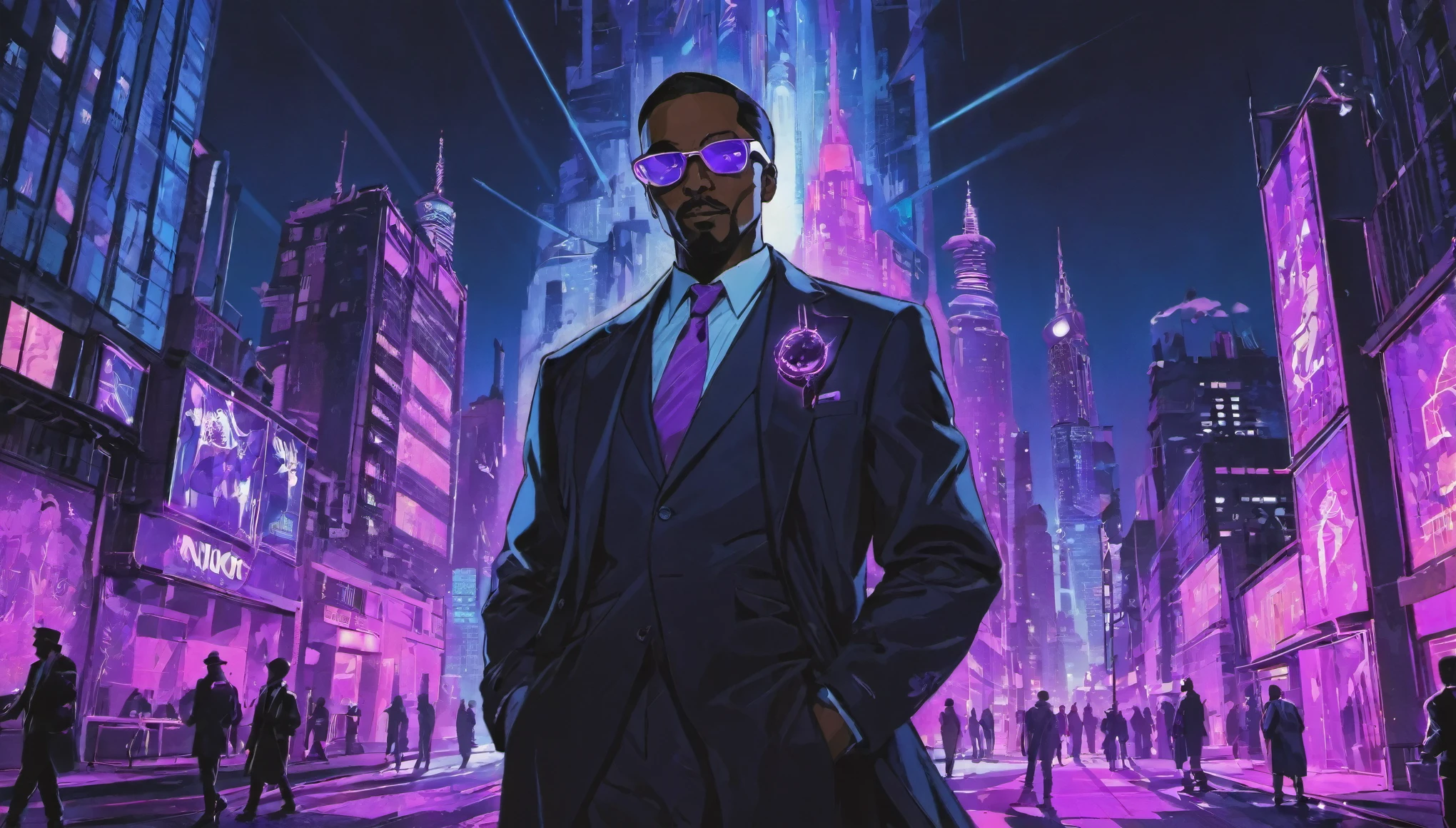 ((((black light poster art)))), fashionable sinister scientist stands confidently in a trendy urban setting, dressed in chic and stylish attire, bustling cityscape with towering skyscrapers, vibrant street art, a sense of energy and excitement