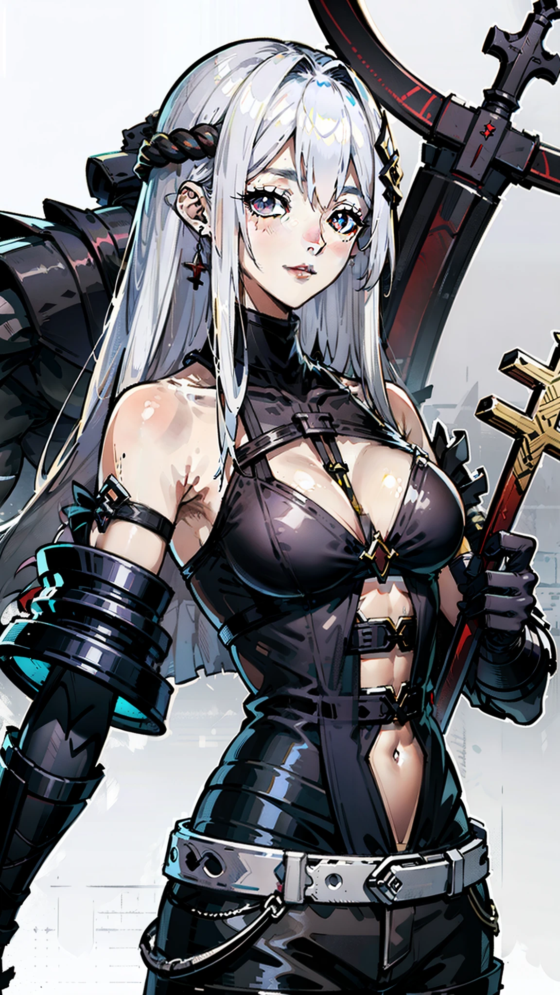 woman, The character closes both eyes., smile, long hair, blue-white hair, I cover my right eye., Wear armor on the upper body.. large chest and shoulders The center of the chest is raised like a cross but is part of the armor.. The armor was a shiny gold color.. square armor There is a rope tied diagonally towards the center of the cross.. The rope is a red flat piece.. Under the armor was a black outfit.. Below is a waist belt.. There is a small storage box attached to the belt.. dark shorts He carried a long spear against his shoulder..