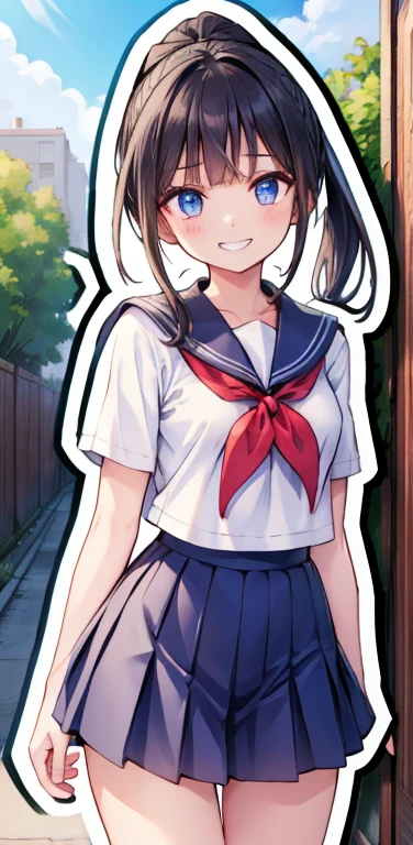 Realistic、1girl、black hair、forehead,blue eyes、open stance,(ponytail),(eye focus:1.3,cowboy shot),(gradient eyes:1.3), JK: 1.1,(sailor uniform
)、(grin:1.3),cute face、,(tareme:1.3),(small breasts:1.3),